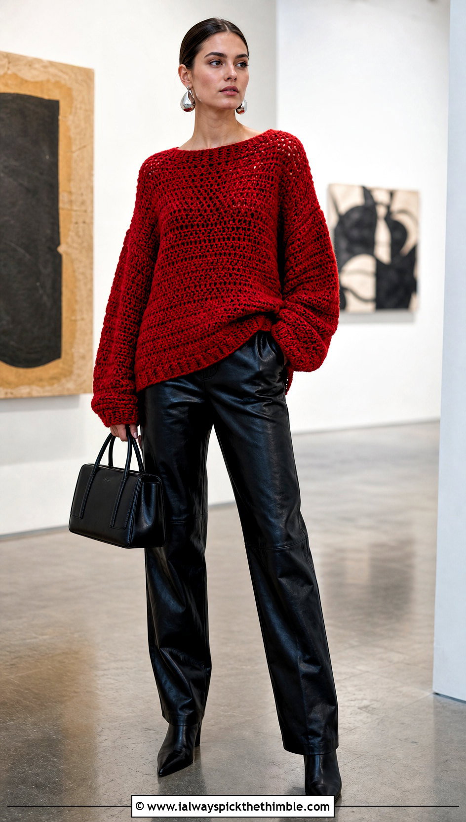 Oversized Drop Shoulder Crochet Sweater With Leather Pants - 20 crochet sweater inspiration outfit ideas