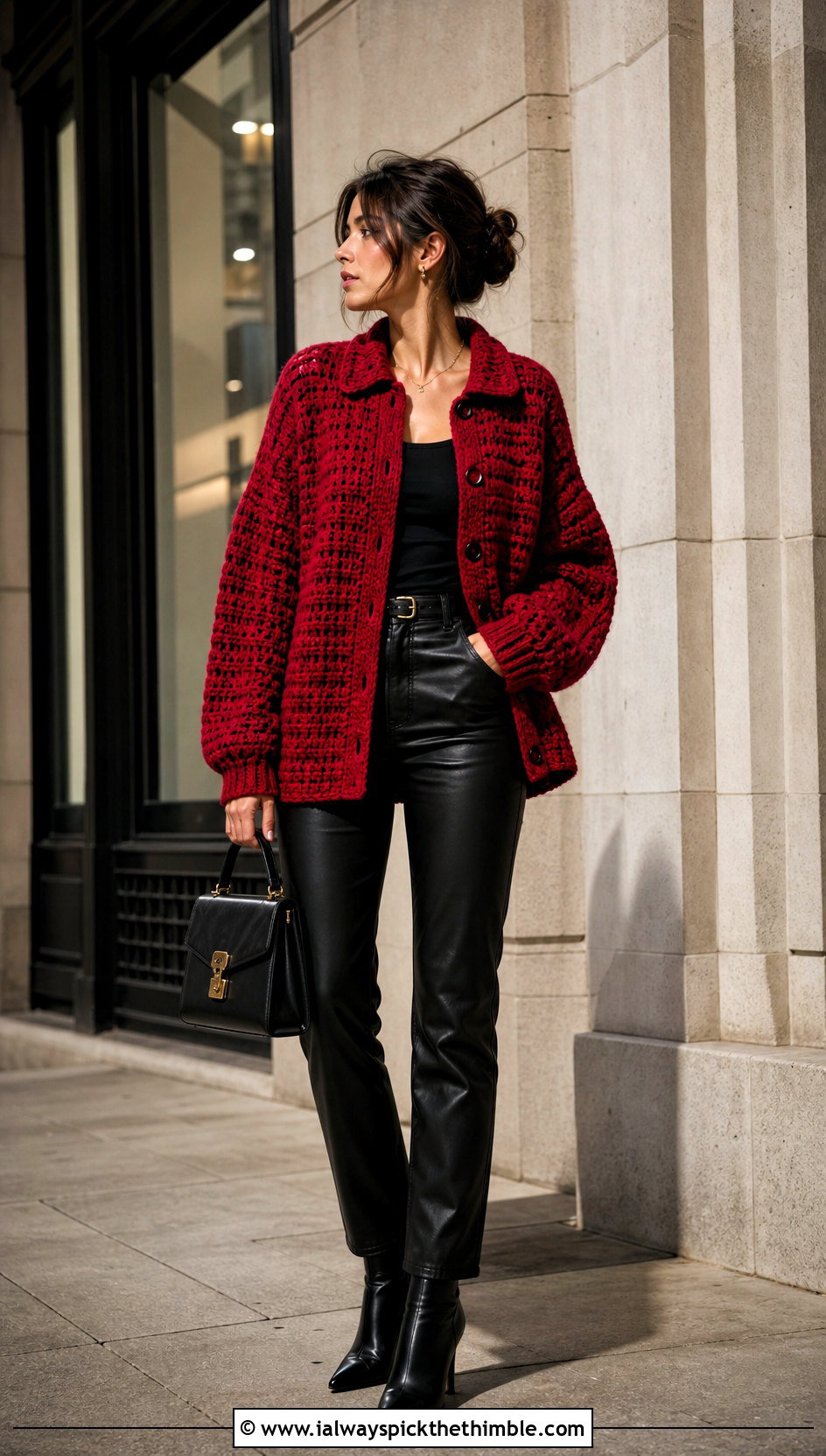 Oversized Drop Shoulder Crochet Sweater With Leather Pants - 20 Crochet Collared Sweater outfit ideas