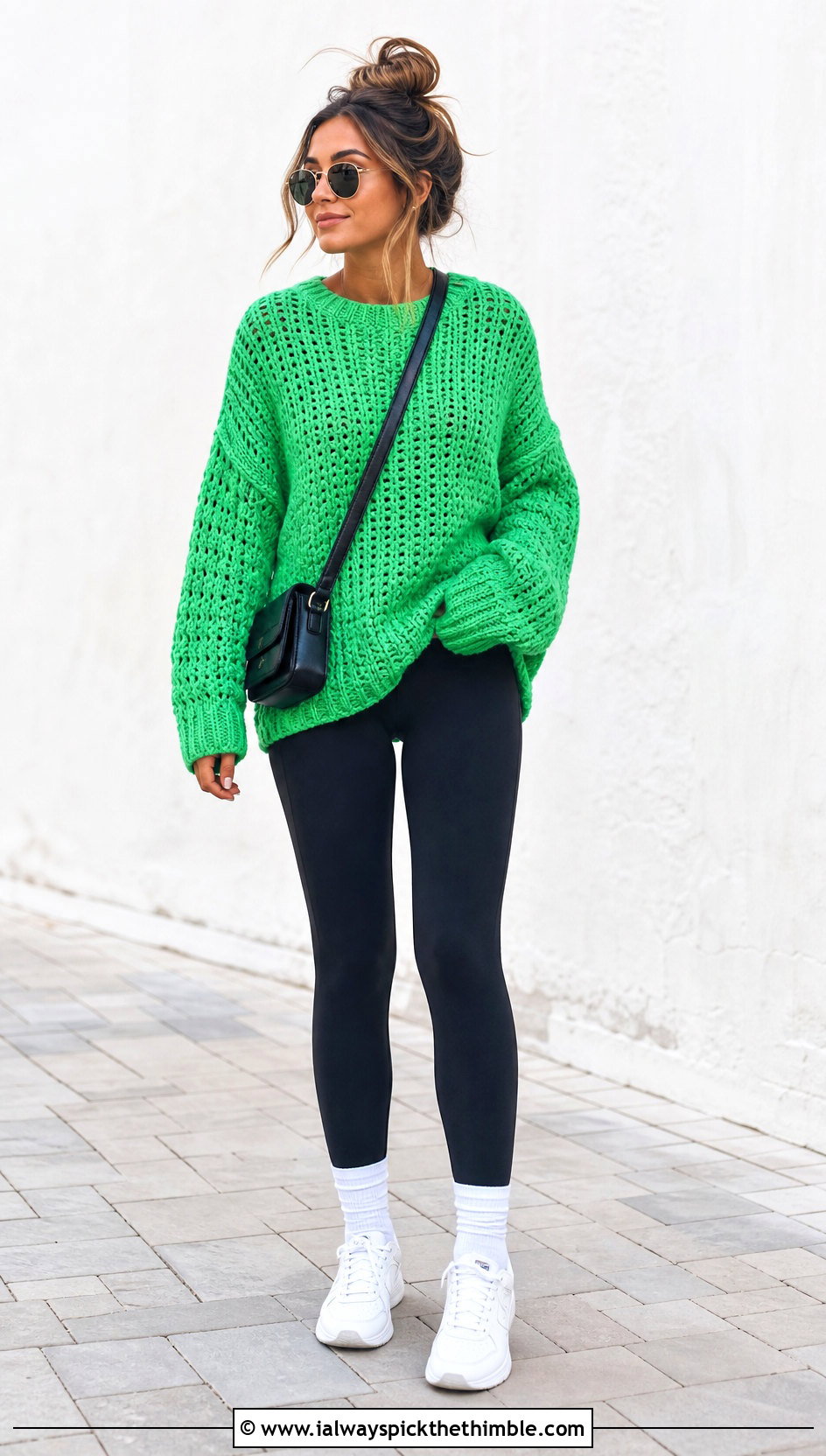 Oversized Drop Shoulder Crochet Sweater With Leggings - 15 crochet sweater collection outfit ideas