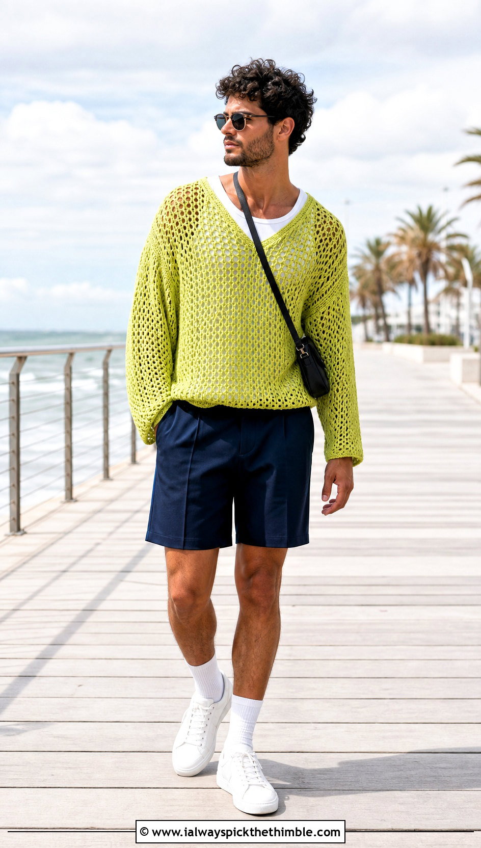 Oversized Drop Shoulder Crochet Sweater With Shorts - 25 crochet man sweaters outfit ideas