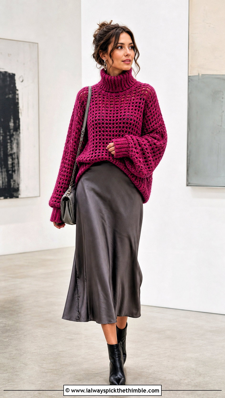 Oversized Drop Shoulder Crochet Turtle Neck Sweater With Satin Skirt - 25 crochet turtle neck sweater outfit ideas
