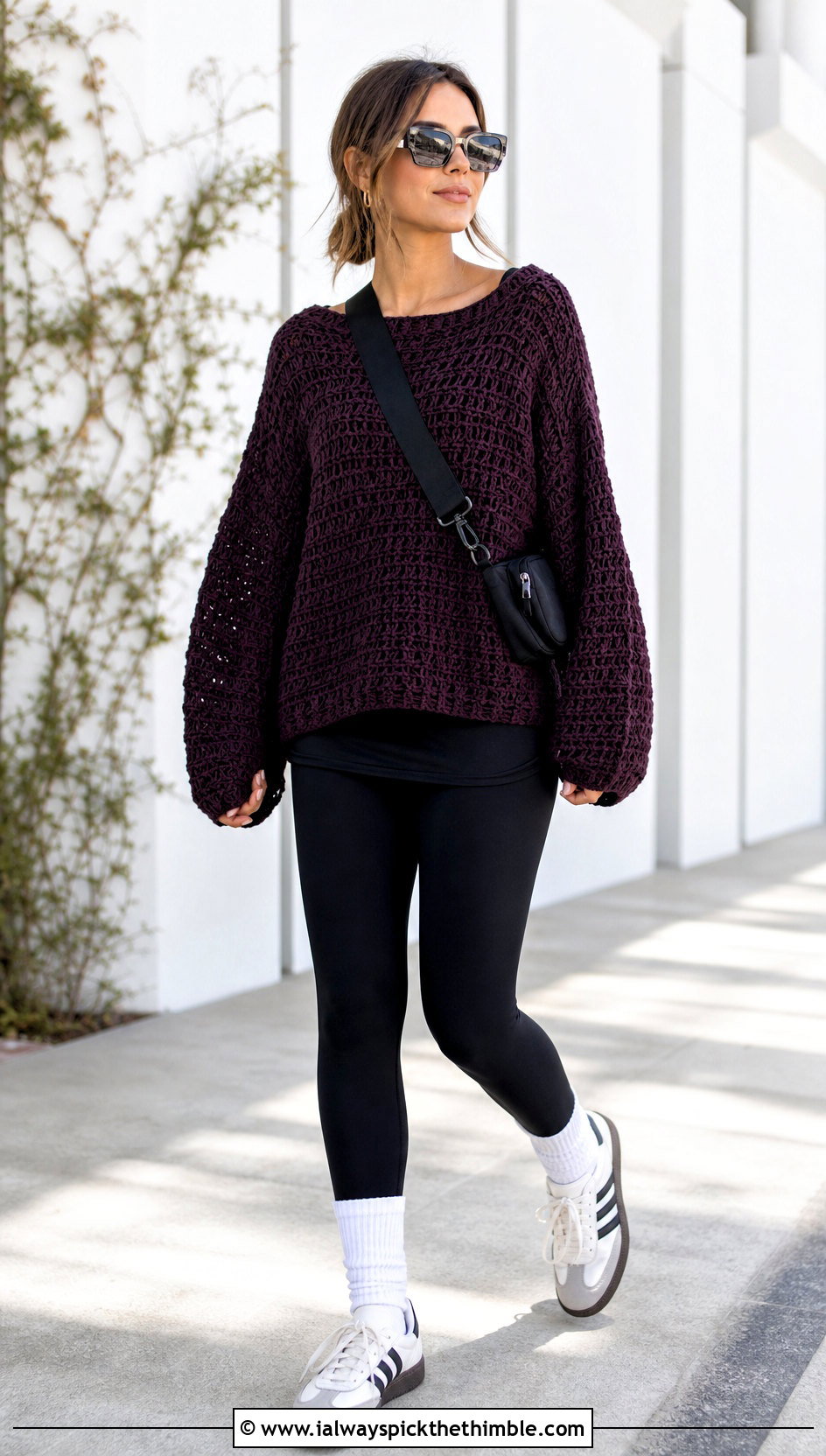 Oversized Drop Shoulder Crocheted Sweater With Leggings - 20 Crocheted Sweater Outfit ideas