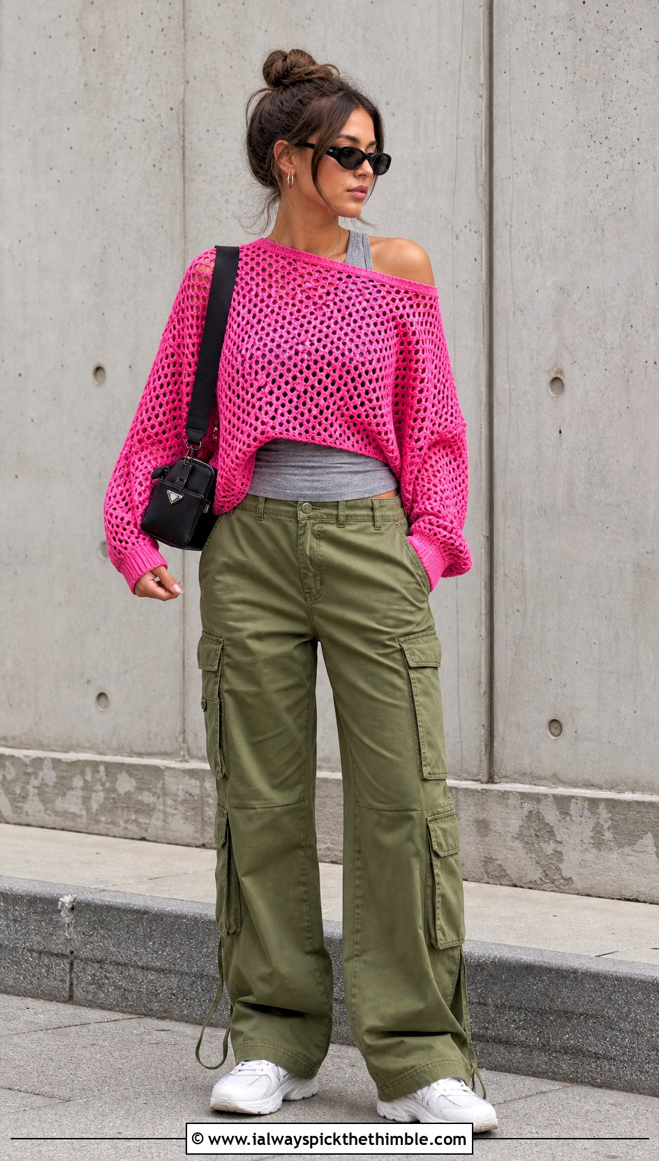 Oversized Drop Shoulder Hollow Out Crochet Sweater With Cargo Pants - 20 Hollow Out Crochet Sweater outfit ideas
