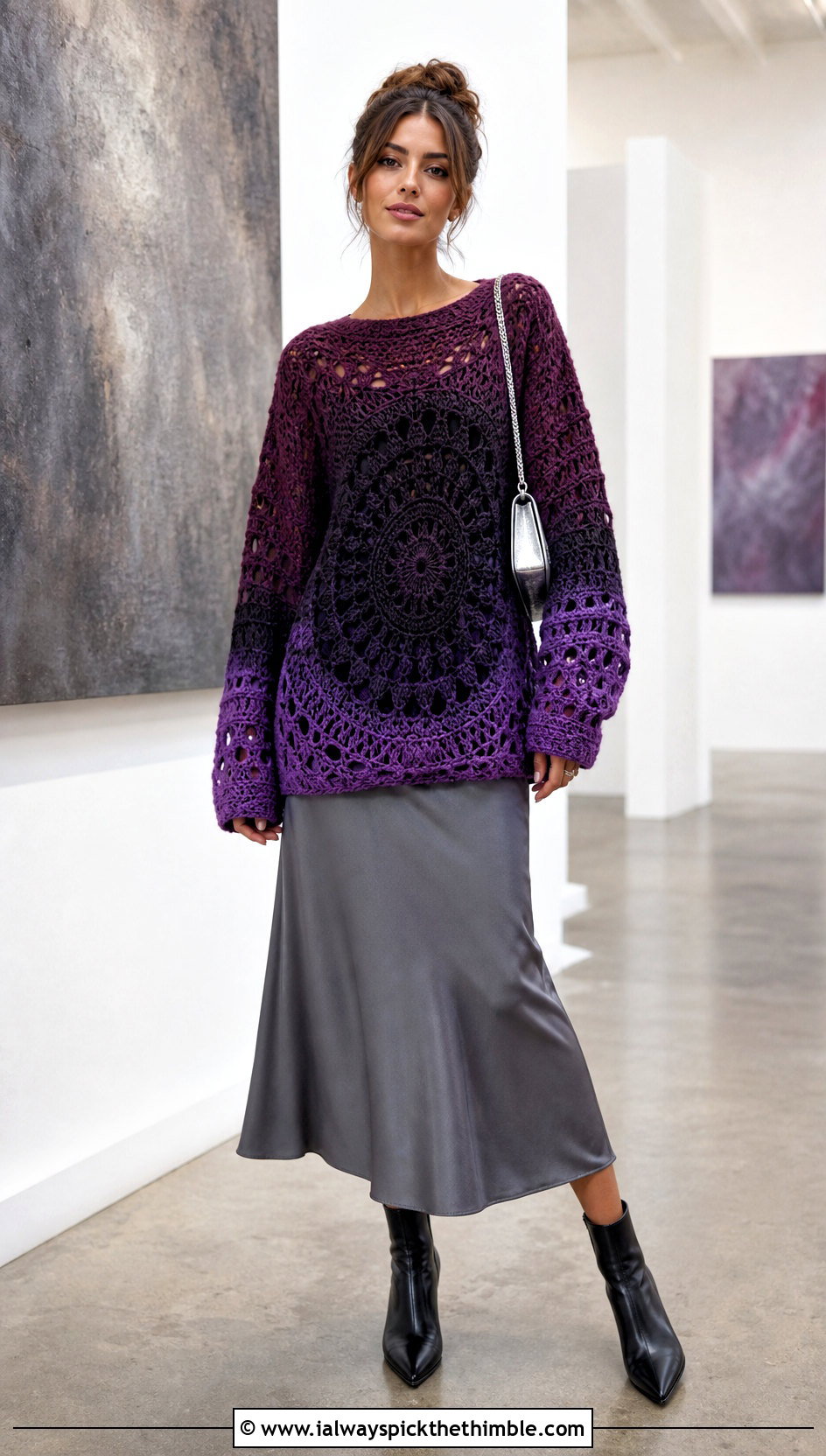 Oversized Drop Shoulder Mandala Ombre Crochet Sweater With Satin Midi Skirt - 15 mandala ombre crochet sweater outfit ideas