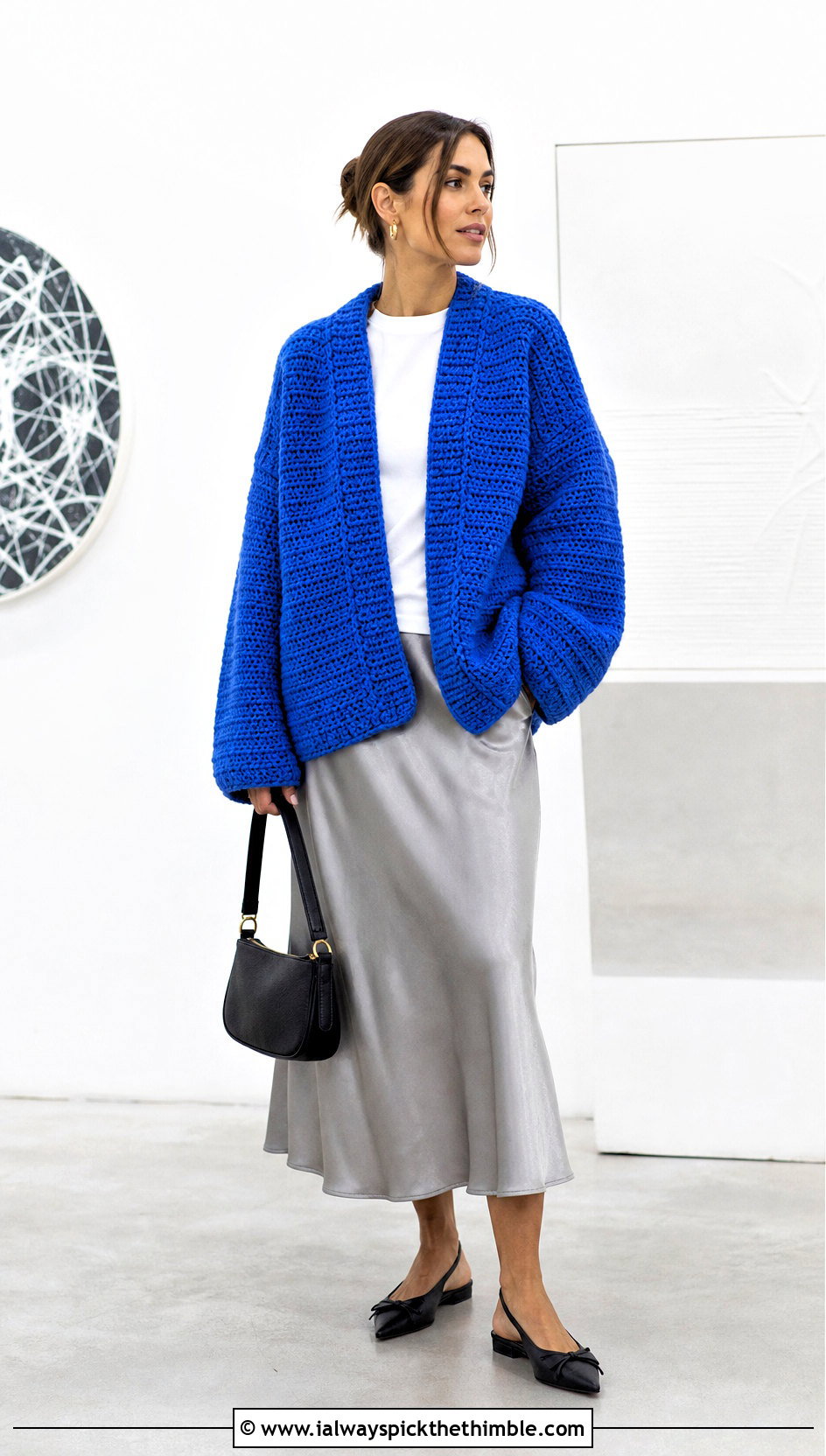 Oversized Drop Shoulder Single Crochet Cardigan With Satin Midi Skirt - 20 single crochet cardigan outfit ideas