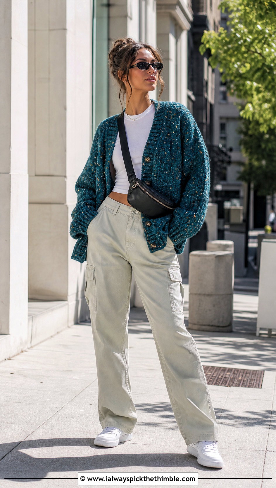 Oversized Drop Shoulder Tweed Crochet Cardi With Cargo Pants - 15 tweed crochet cardi outfit ideas