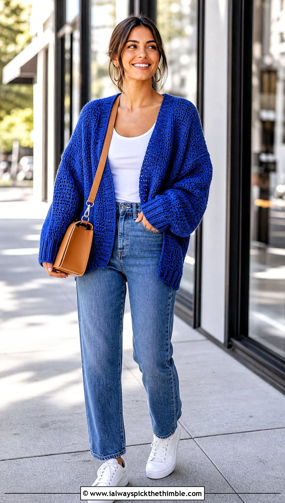 Oversized Dropped Shoulder Soft Crochet Sweater With Straight Leg Jeans - 15 Soft Crochet Sweater outfit ideas