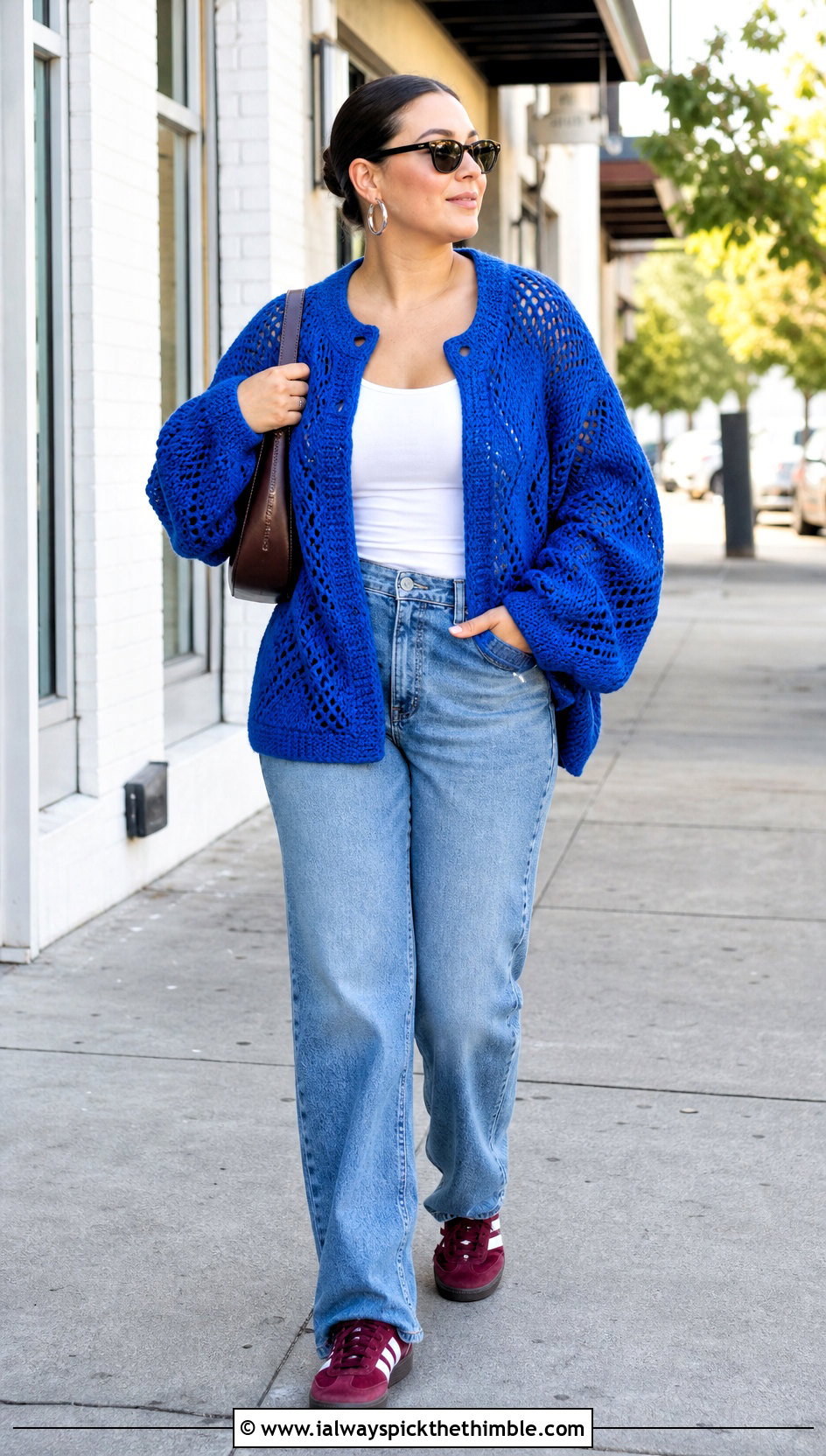 Oversized Eyelet Grandpa Crochet Sweater With Straight Jeans - 15 Grandpa Crochet Sweater outfit ideas