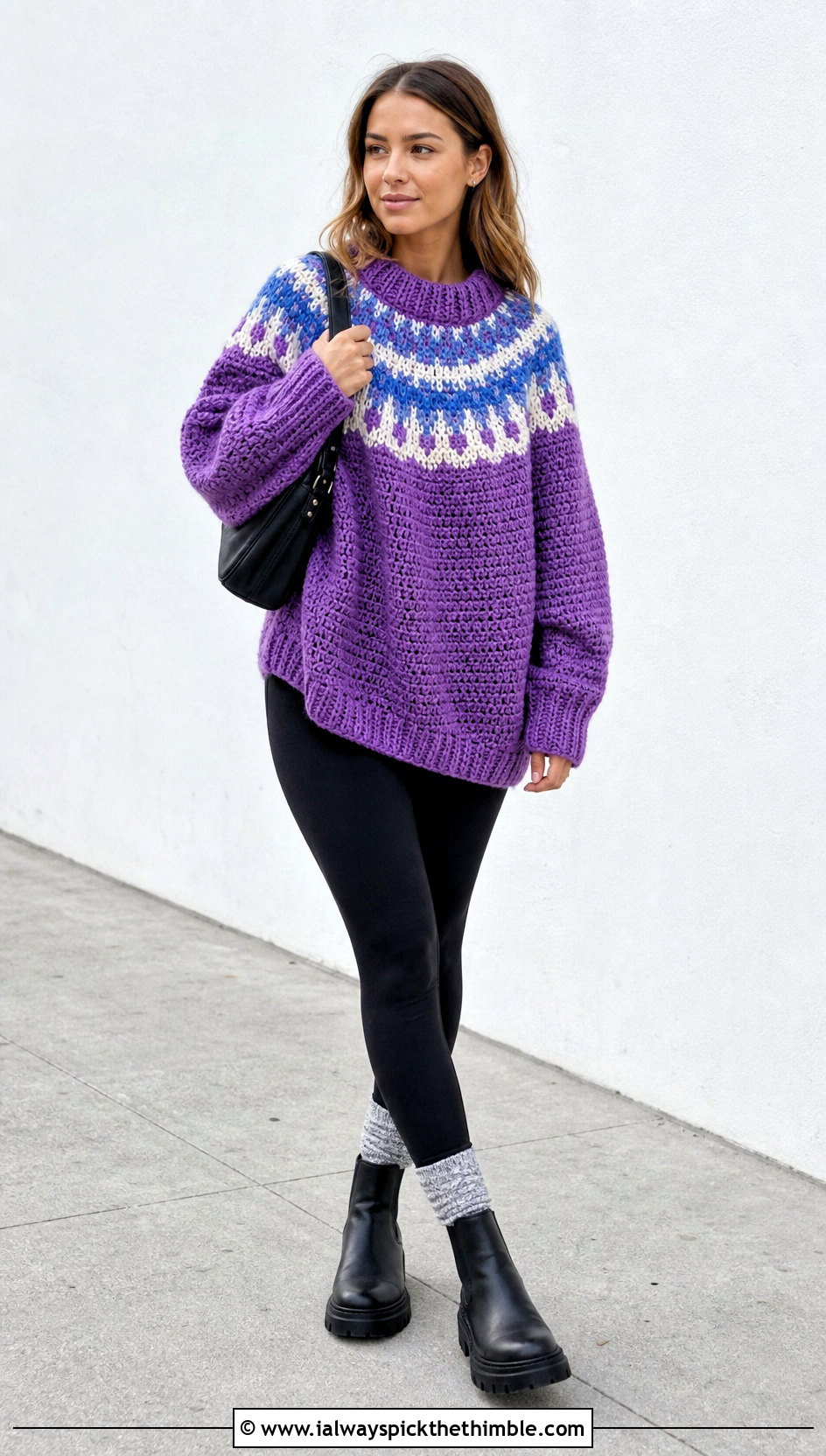 Oversized Fair Isle Crochet Sweater With Leggings - 20 fair isle crochet sweater outfit ideas
