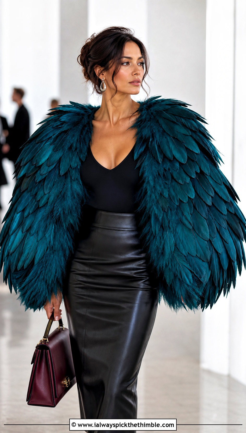 Oversized Feather Wing Shawl With Leather Midi Skirt - 20 crochet feather shawl outfit ideas