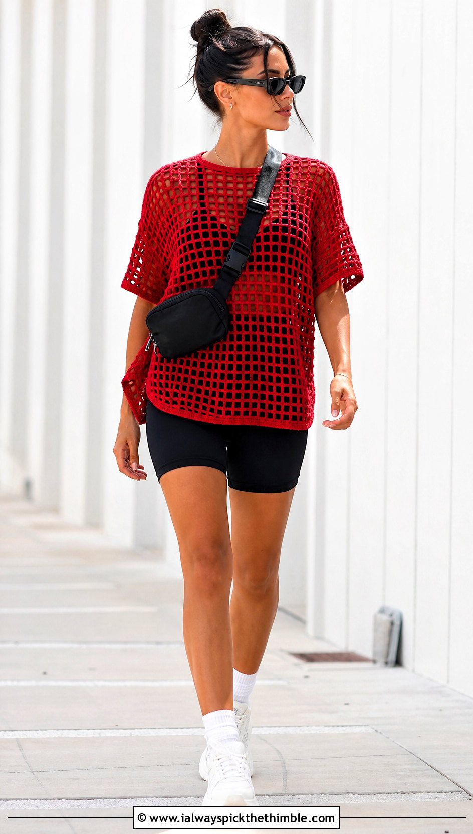Oversized Filet Crochet Tee With Bike Shorts - 25 filet crochet top outfit ideas