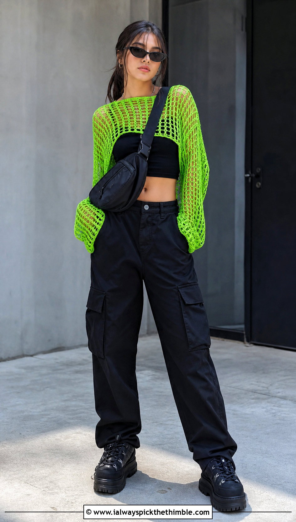 Oversized Fishnet Crochet Long Sleeve Top With Cargo Pants - 20 Easy Crochet Long Sleeve Top outfit ideas