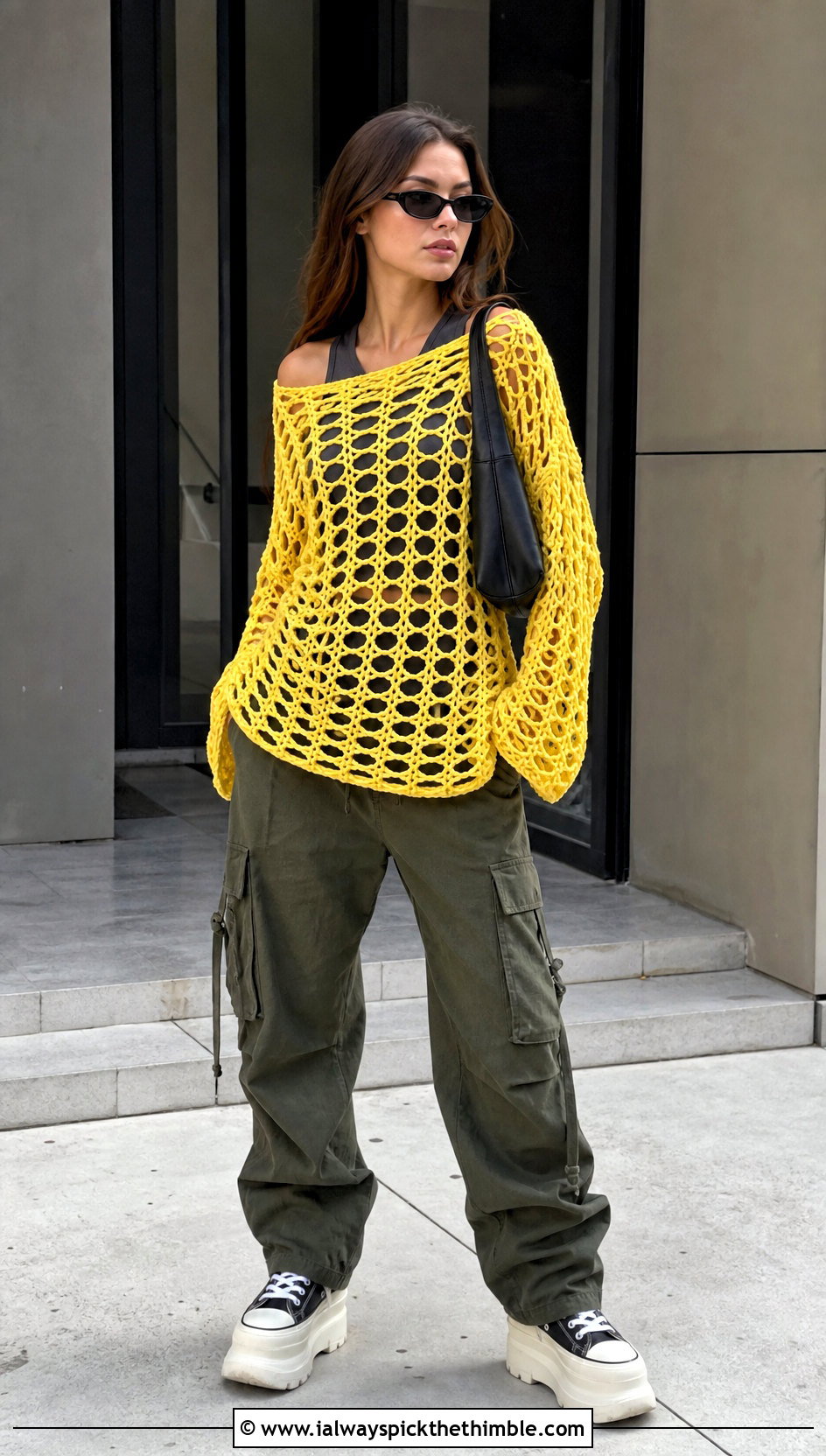 Oversized Fishnet Crochet Net Sweater With Cargo Pants - 25 crochet net sweater outfit ideas