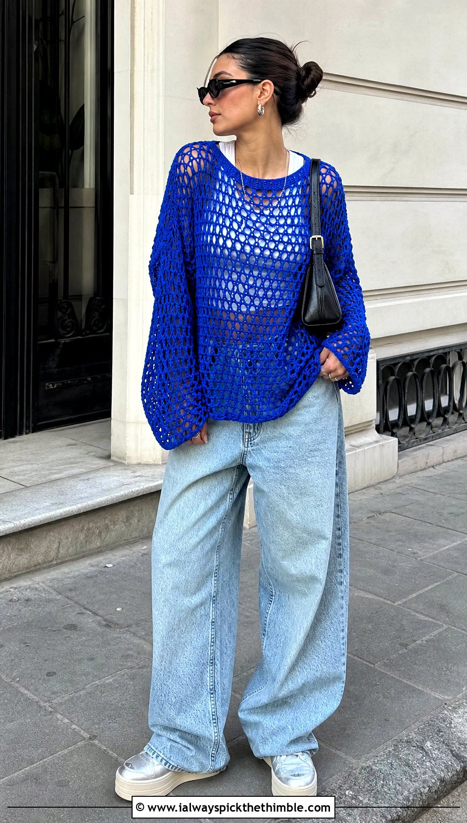 Oversized Fishnet Crochet Top With Wide Leg Jeans - 25 crochet net top outfit ideas