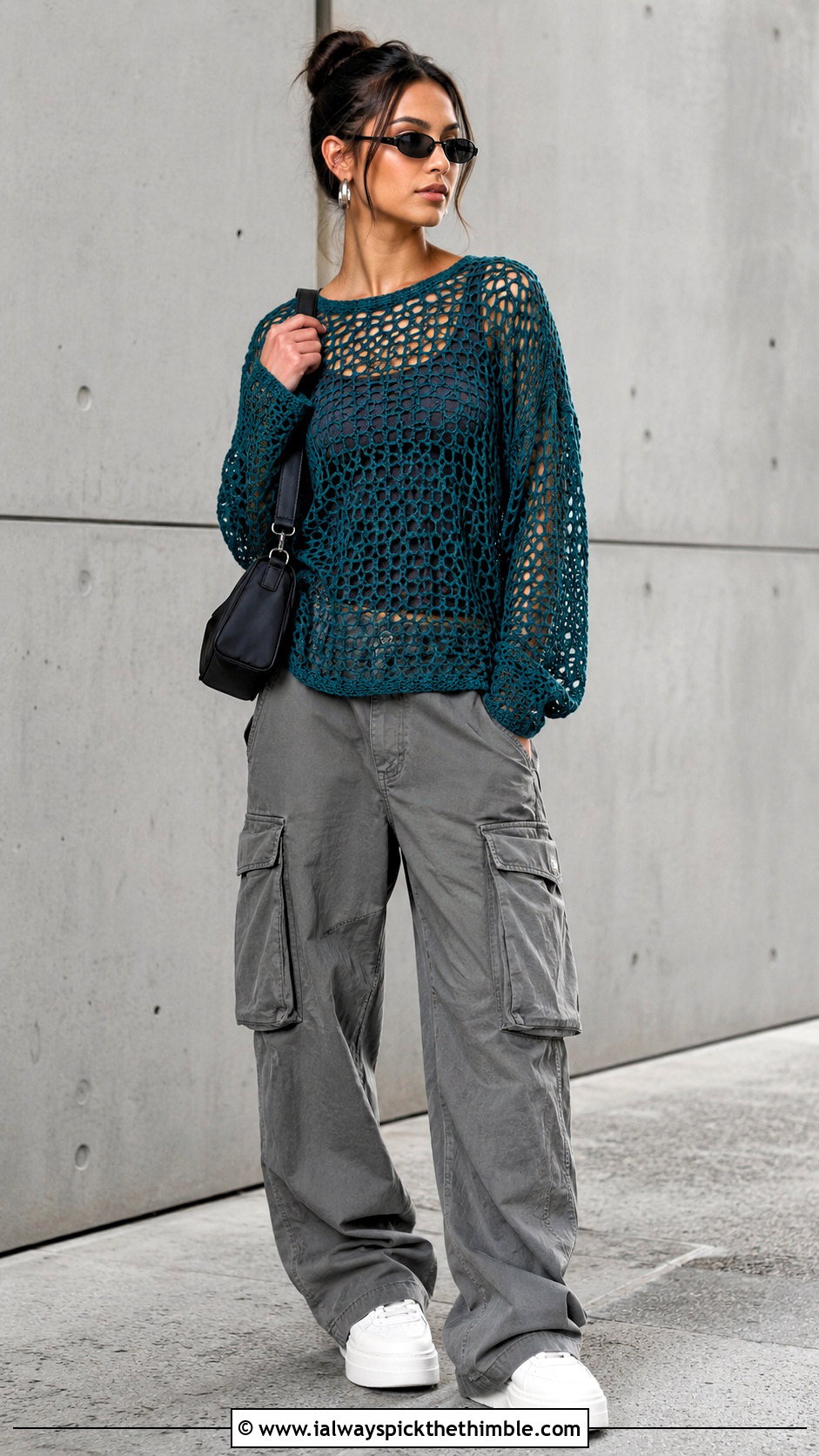 Oversized Fishnet Mesh Crochet Sweater With Cargo Pants - 20 mesh crochet sweater outfit ideas