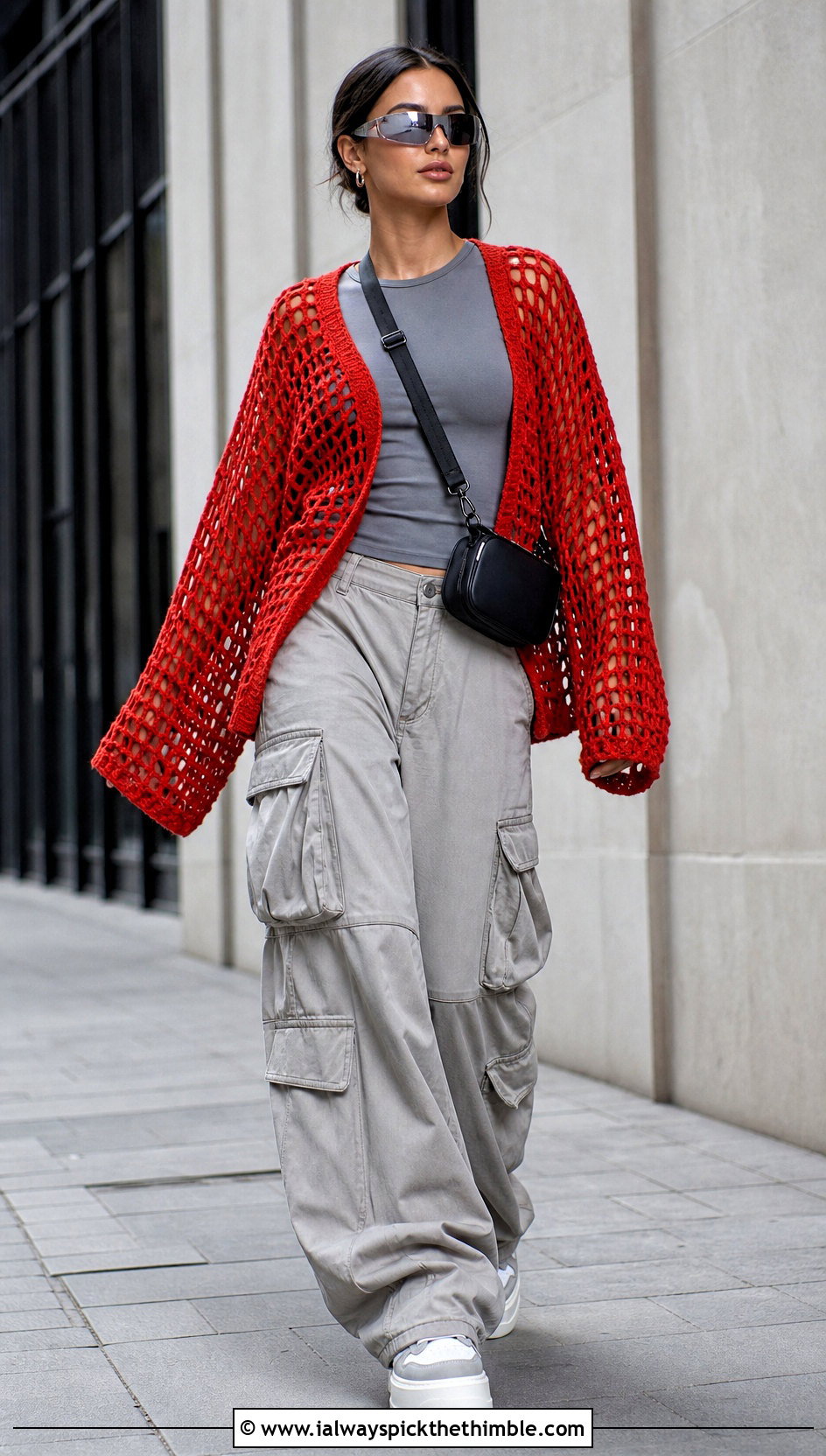 Oversized Fishnet Shrug With Cargo Pants - 25 crochet fishnet shrug outfit ideas