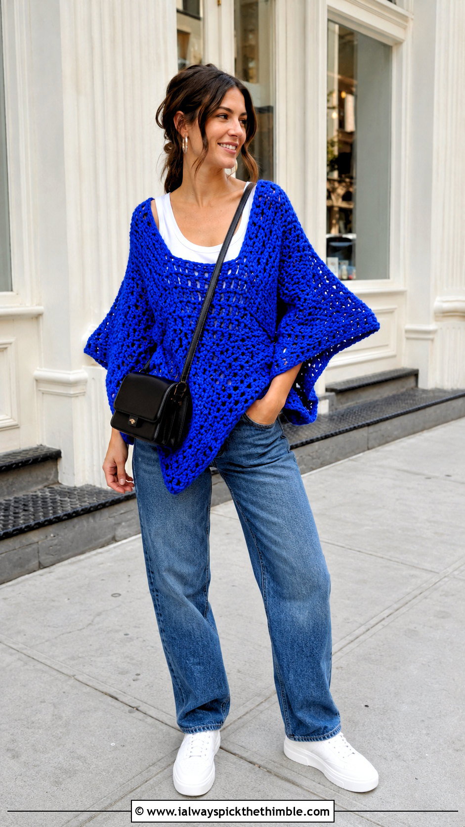 Oversized Five Point Crochet Star Sweater With Straight Leg Jeans - 25 crochet star sweater outfit ideas