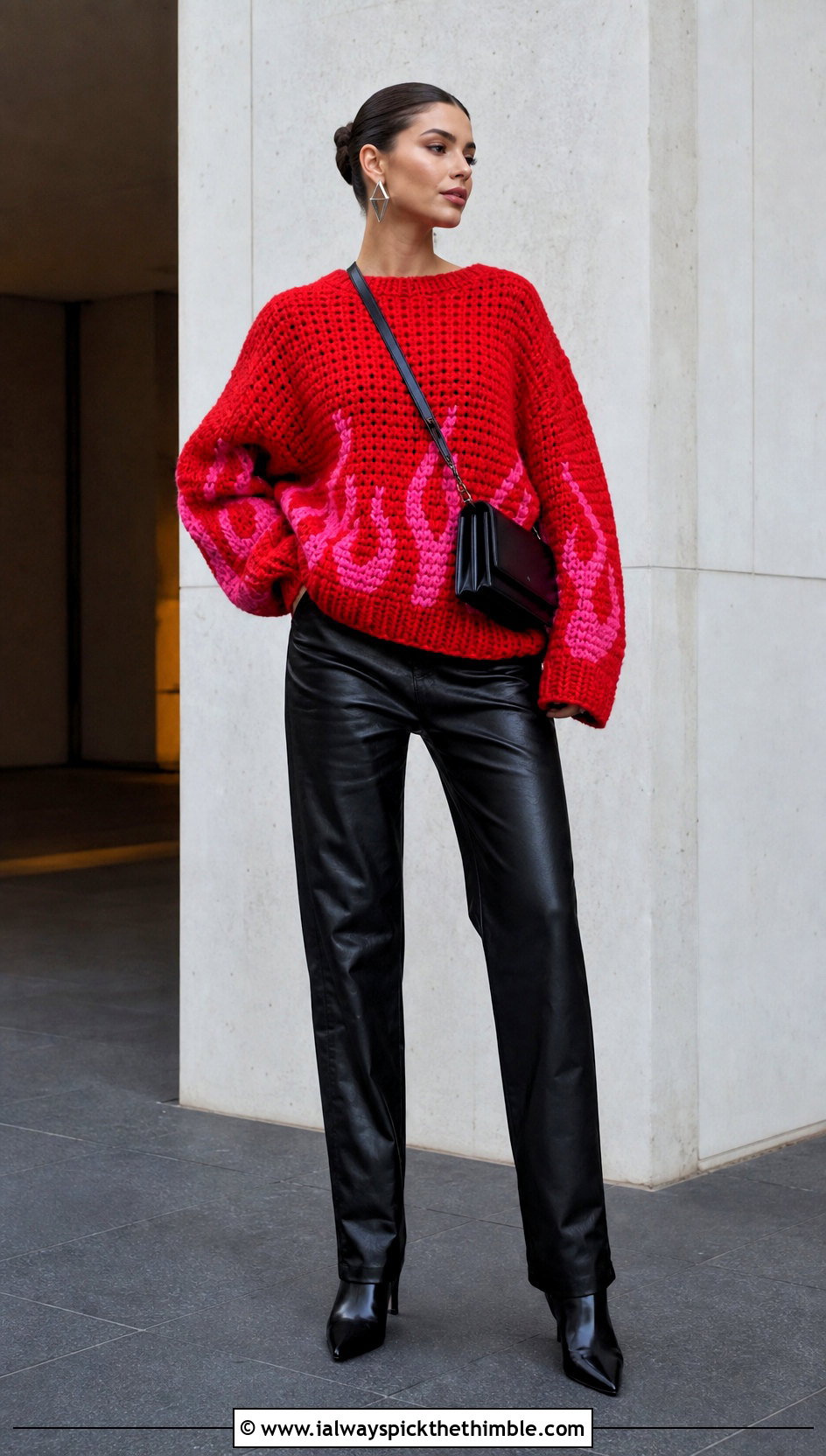 Oversized Flame Crochet Fire Sweater With Leather Pants - 20 Crochet Fire Sweater outfit ideas