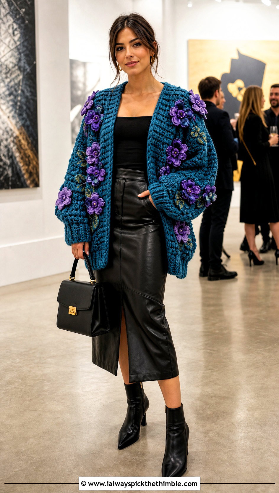 Oversized Floral Applique Crochet Cardigan With Faux Leather Midi Skirt - 20 oversized chunky crochet cardigan outfit ideas