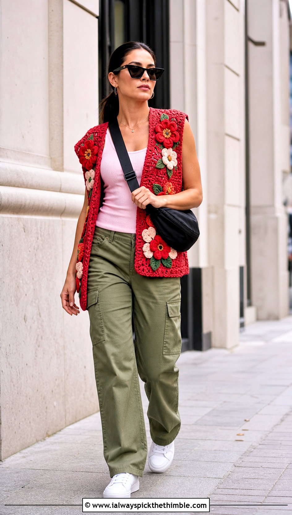 Oversized Floral Crochet Vest With Cargo Pants - 20 oversize crochet vest outfit ideas