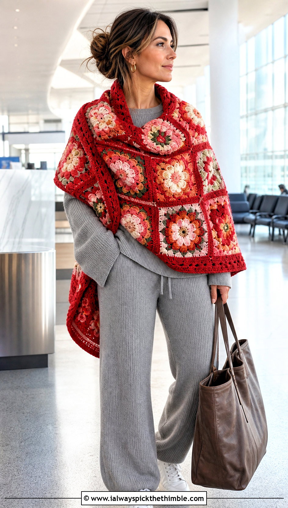 Oversized Floral Granny Square Shawl With A Knit Set - 15 Crochet Floral Shawl outfit ideas