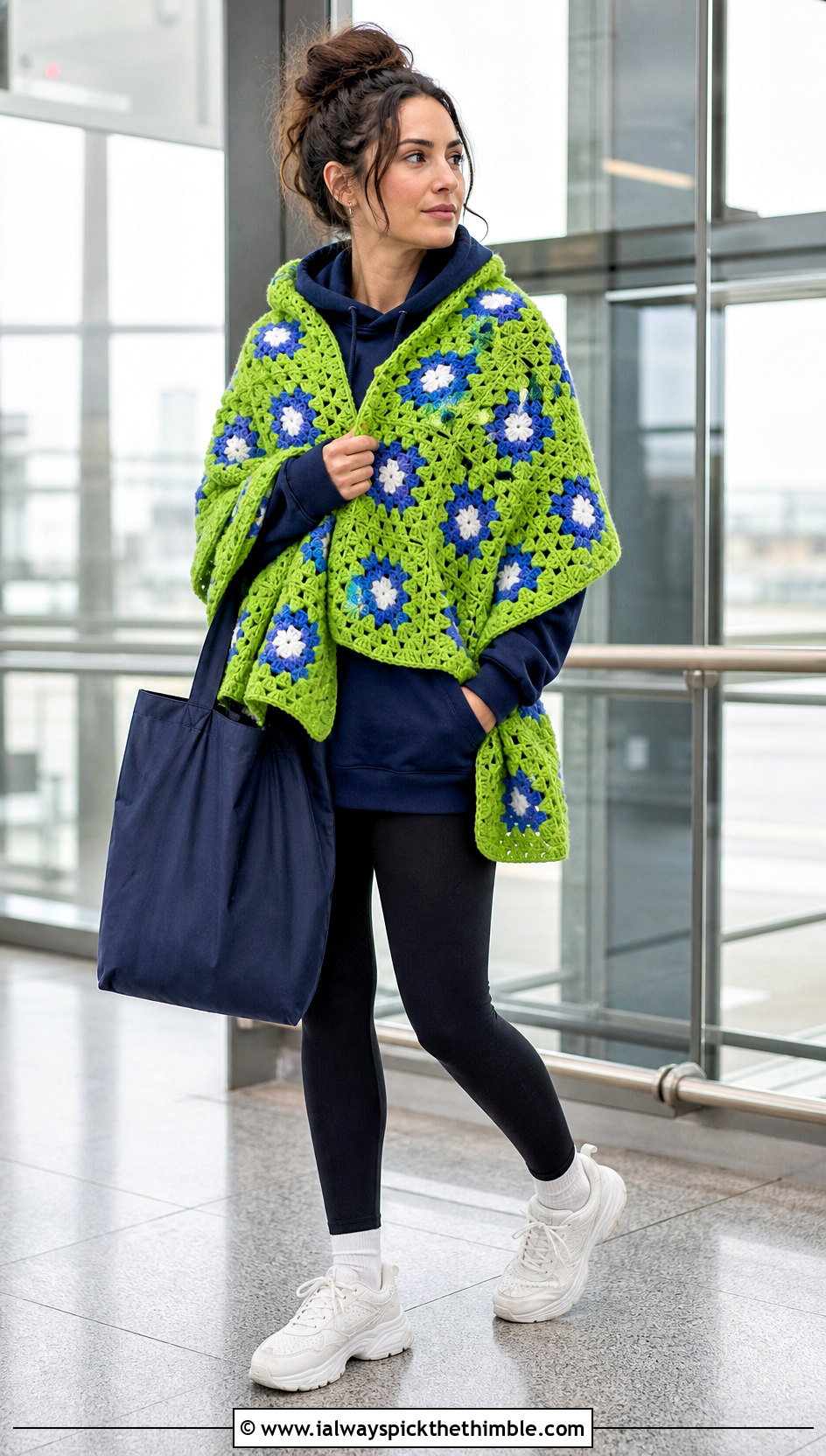 Oversized Floral Granny Square Shawl With Hoodie And Leggings - 15 Crochet Flower Shawl outfit ideas