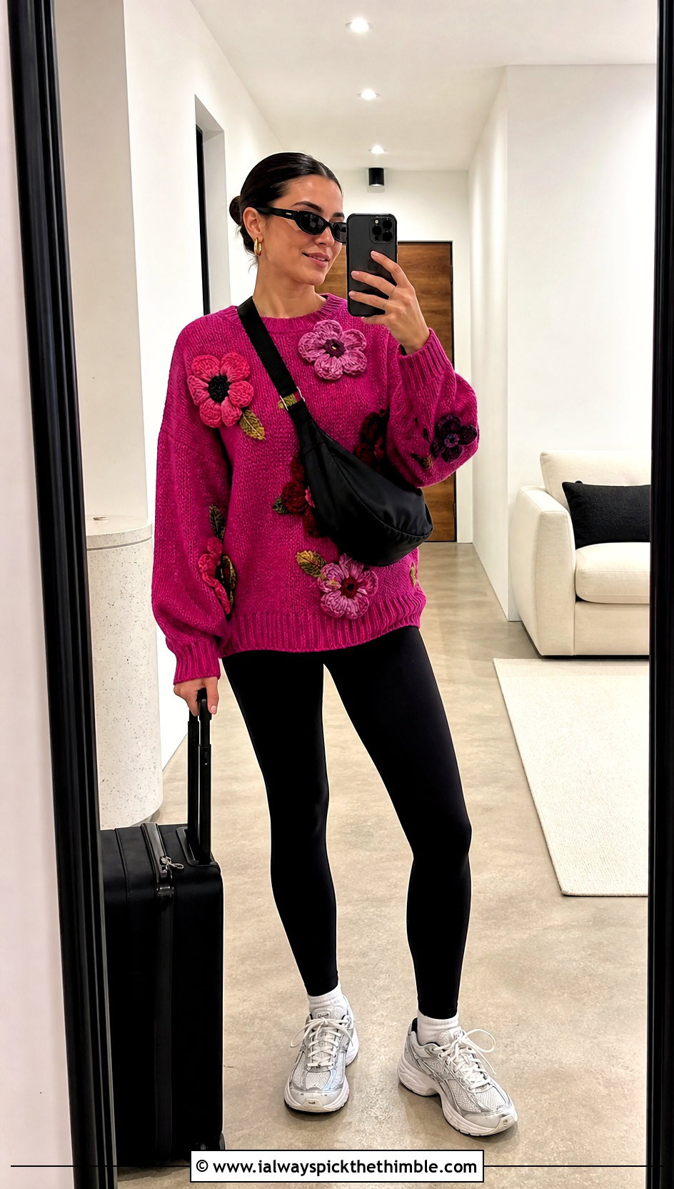 Oversized Floral Motif Sweater With Leggings - 20 crochet flowers on sweater outfit ideas