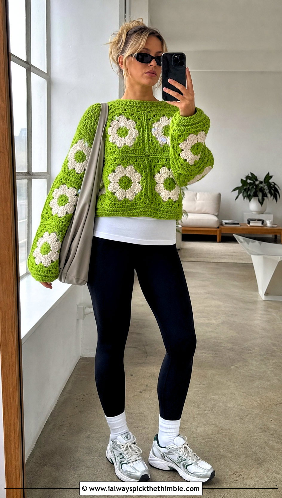 Oversized Floral Panel Sweater With Leggings - 20 crochet flower sweater outfit ideas