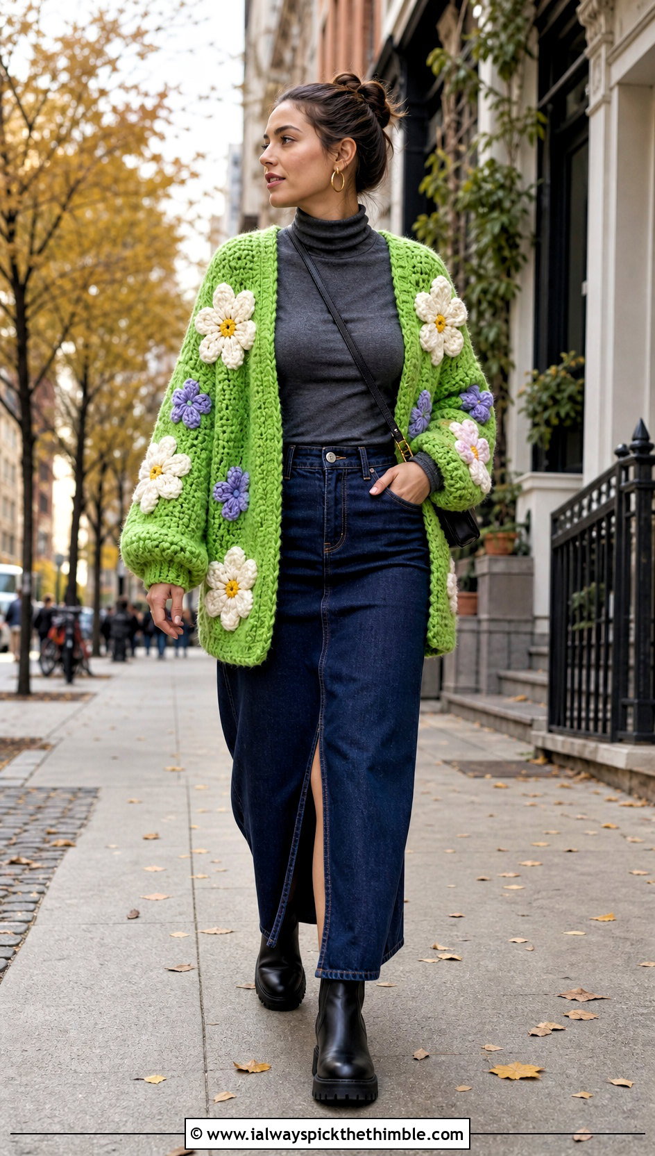 Oversized Flower Cardigan With Denim Maxi Skirt - 20 crochet flowers cardigan outfit ideas