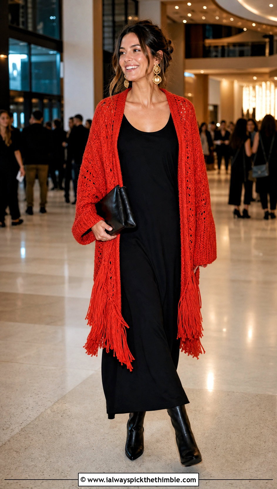 Oversized Fringe Crochet Cardigan With Black Maxi Dress - 25 oversized crochet cardigan outfit ideas