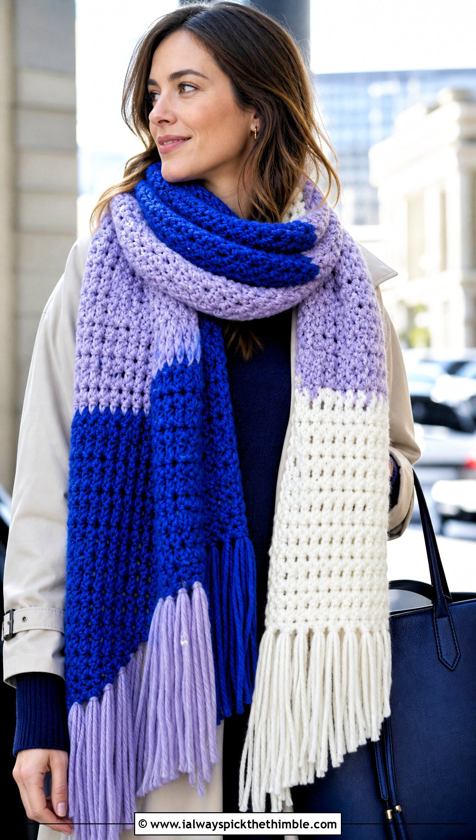 Oversized Fringed Color Block Crochet Scarf With Trench Coat - 20 Color Block Crochet Scarf outfit ideas