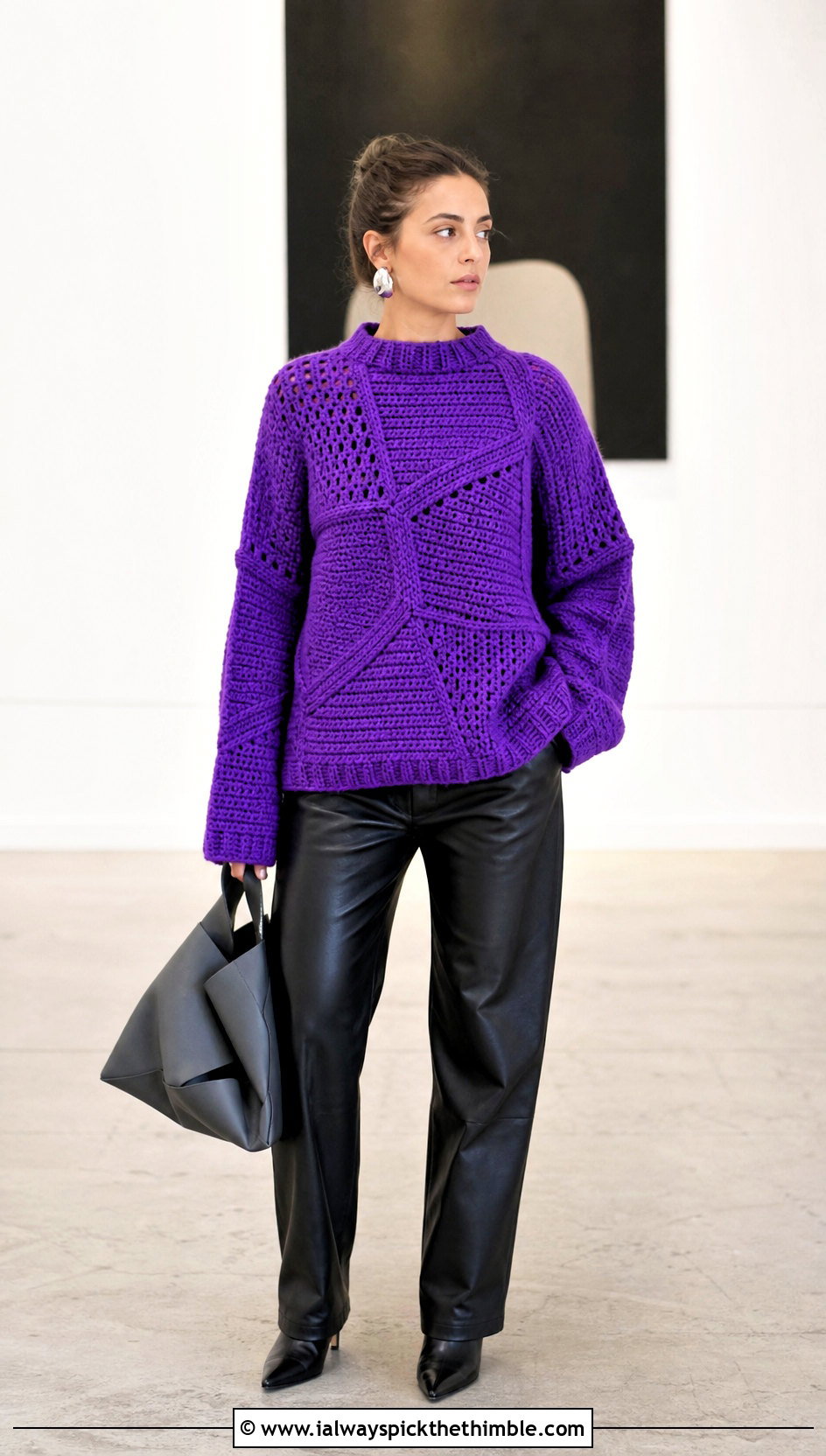 Oversized Geometric Crochet Block Sweater With Leather Pants - 20 crochet block sweater outfit ideas