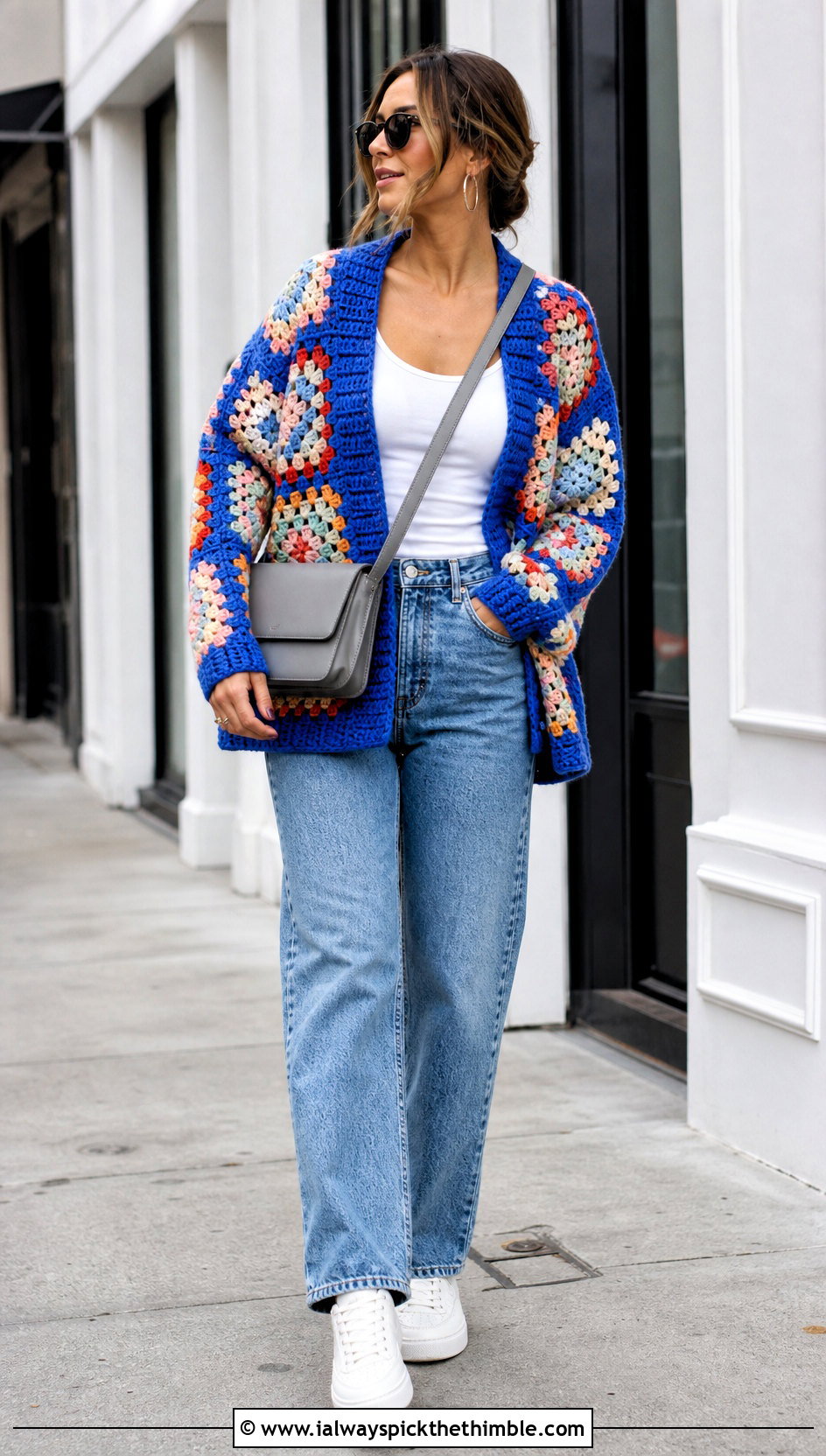 Oversized Giant Granny Square Sweater With Straight Leg Jeans - 20 giant granny square sweater outfit ideas