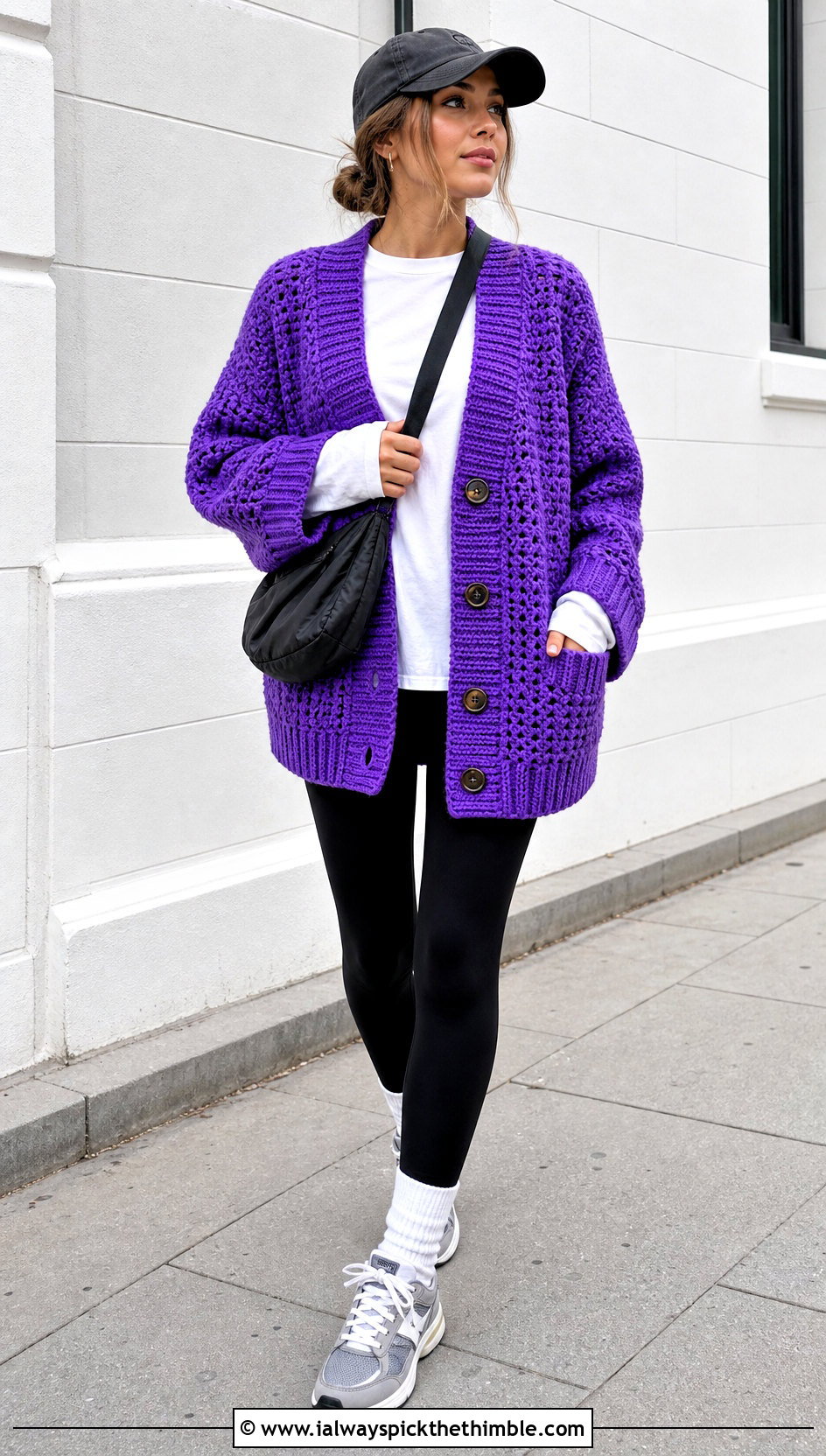 Oversized Grandpa Crochet Button Down Cardigan With Leggings - 20 crochet button down cardigan outfit ideas