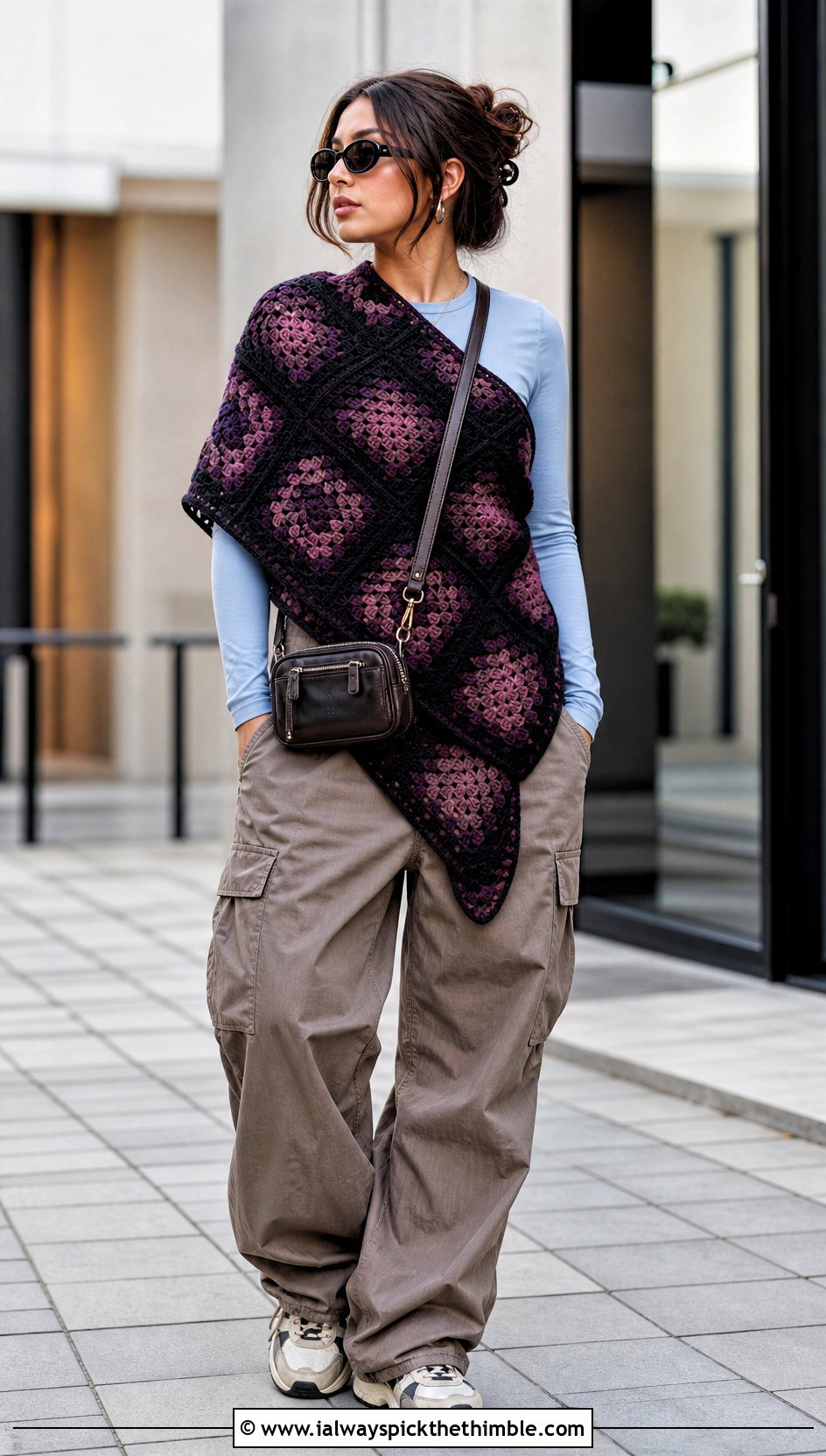 Oversized Granny Blanket Shawl With Cargo Pants - 15 Granny Crochet Shawl outfit ideas