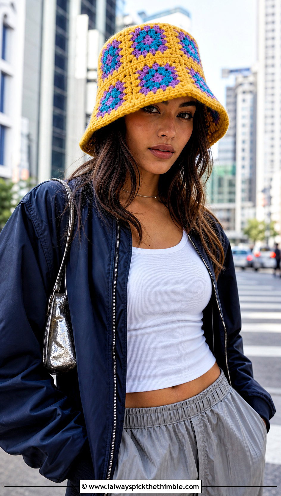Oversized Granny Bucket Hat With Bomber Jacket And Parachute Pants - 20 crochet granny hat outfit ideas