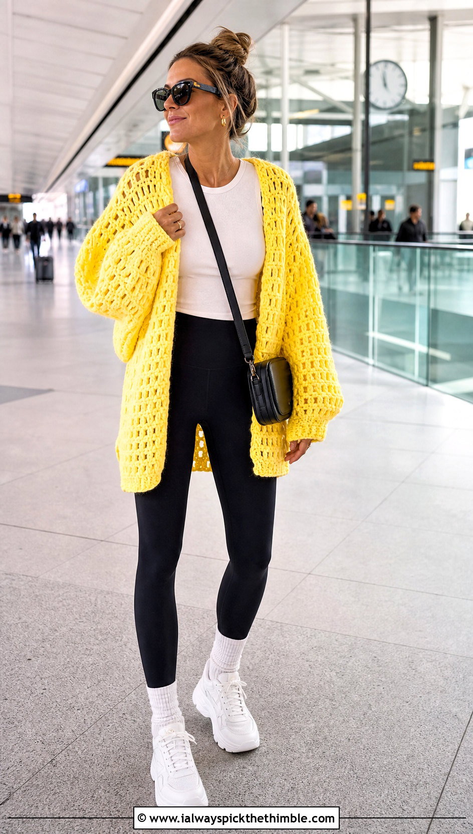 Oversized Granny Crochet Sweater With Leggings And Sneakers - 20 granny crochet sweater outfit ideas
