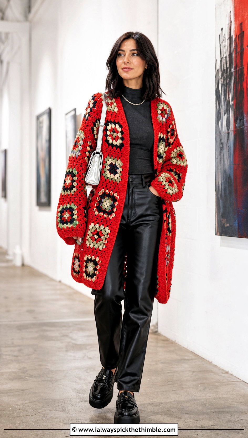 Oversized Granny Square Afghan Cardigan With Leather Pants - 15 crochet granny square afghan style coat cardigan outfit ideas