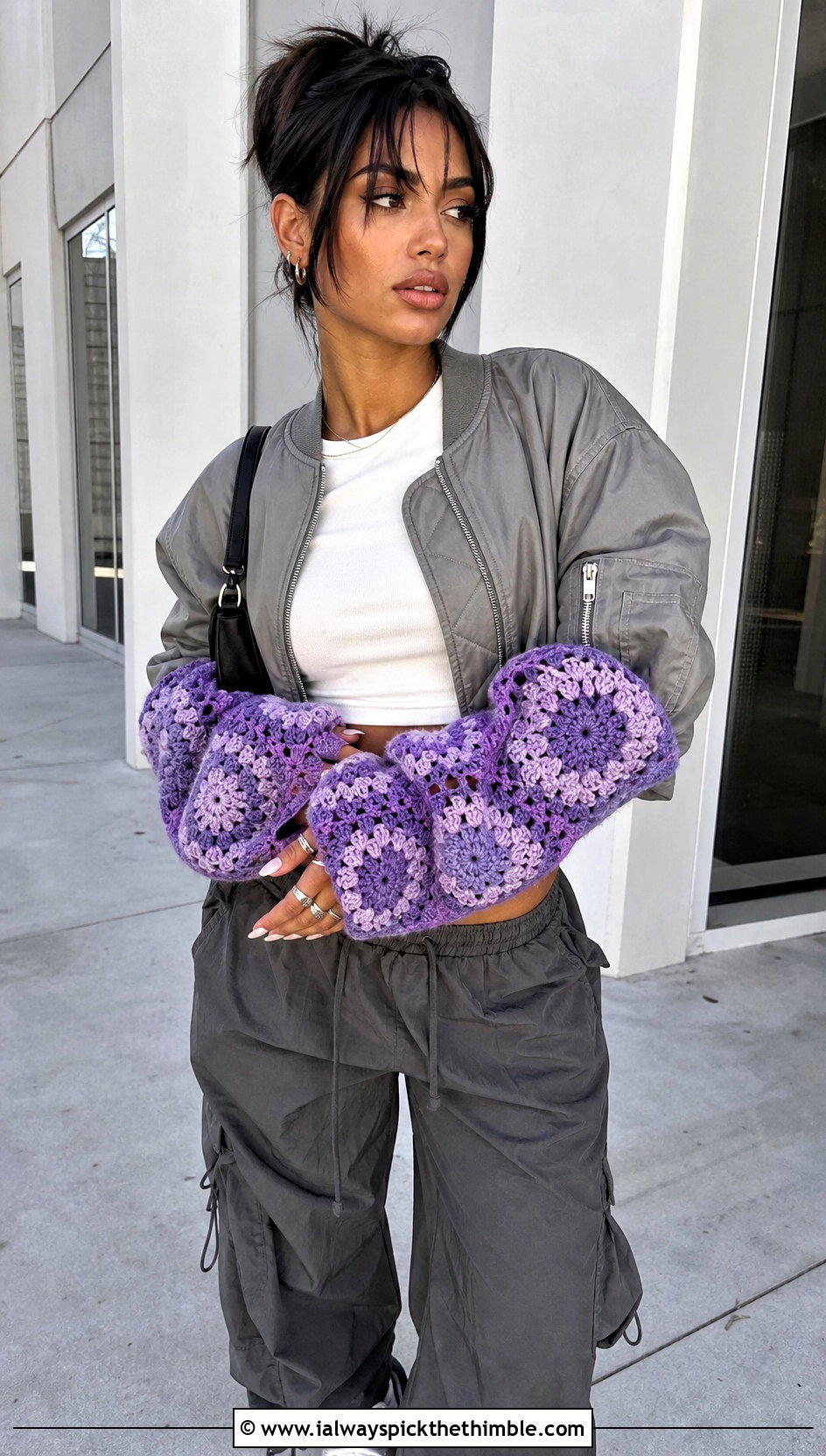 Oversized Granny Square Arm Warmers With Bomber Jacket - 20 Granny Square Arm Warmers outfit ideas