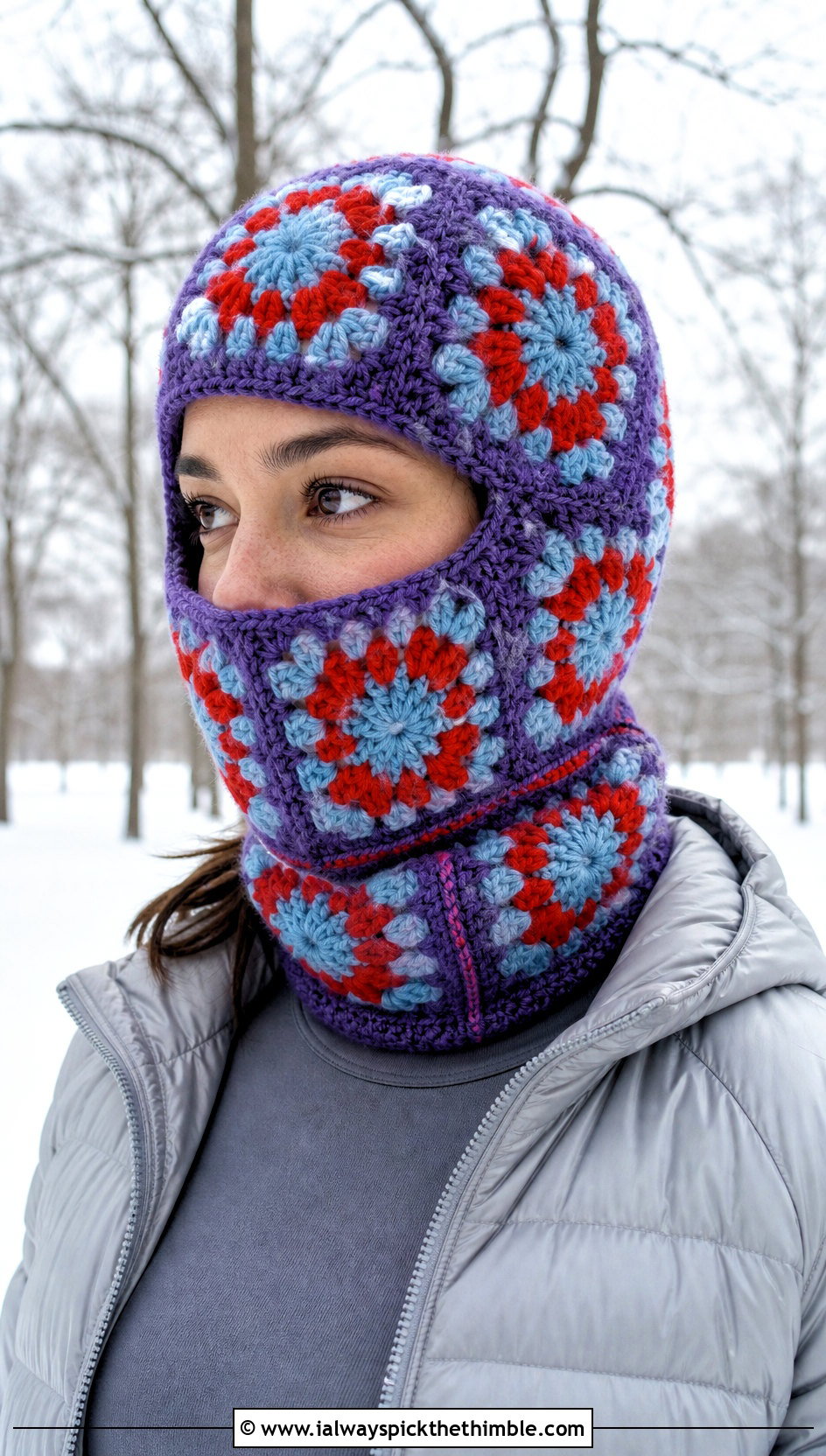 Oversized Granny Square Balaclava With Puffer Jacket And Leggings - 25 granny square balaclava outfit ideas