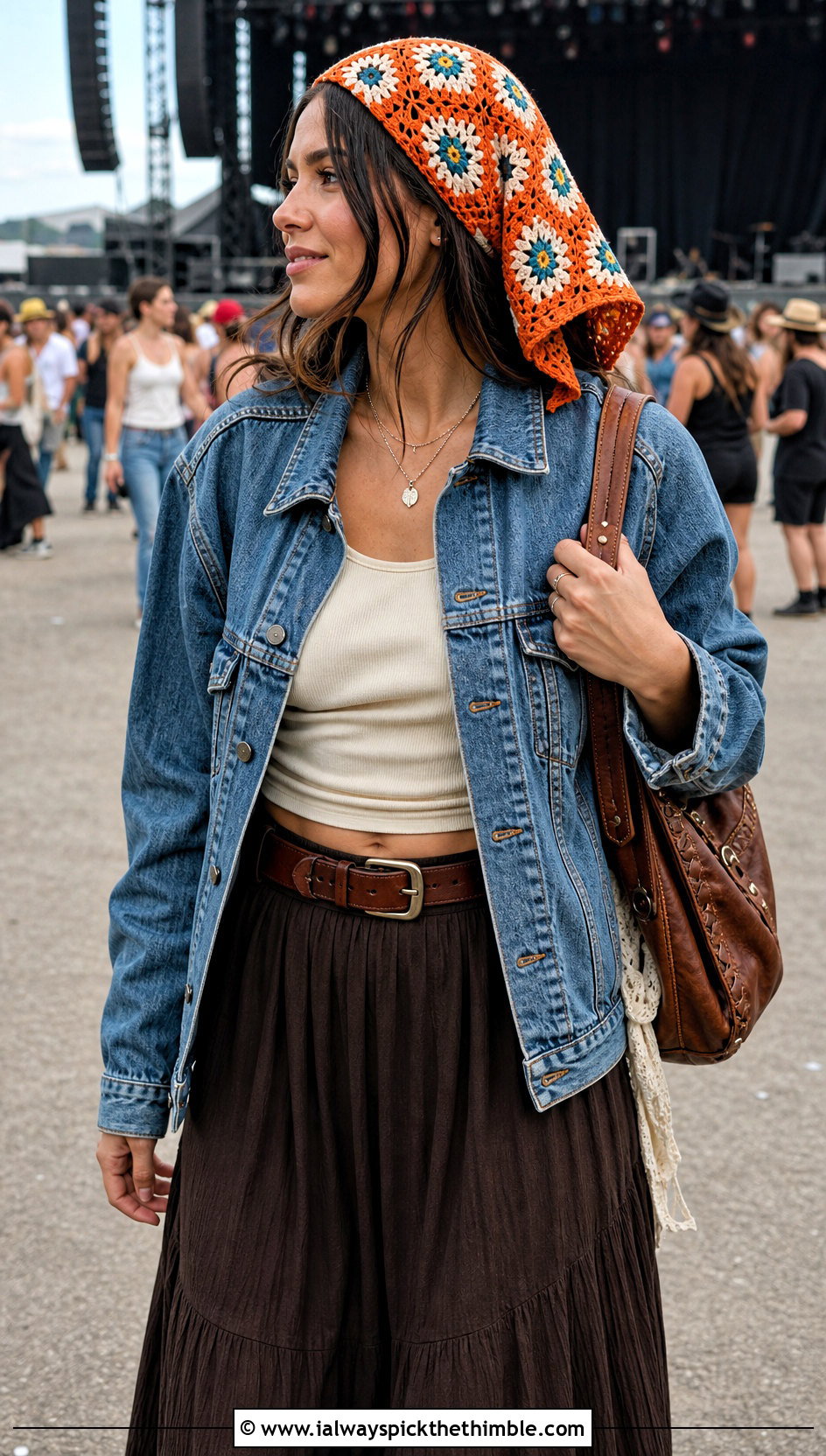 Oversized Granny Square Bandana With Denim Jacket And Maxi Skirt - 20 granny square hair scarf outfit ideas