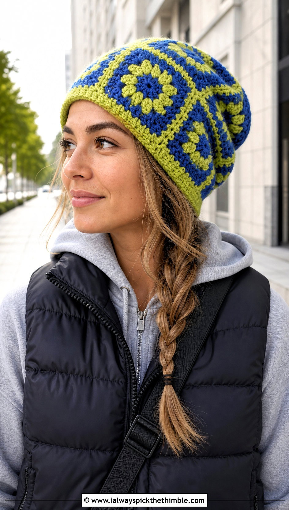 Oversized Granny Square Beanie With Hoodie And Leggings - 20 granny square beanie outfit ideas
