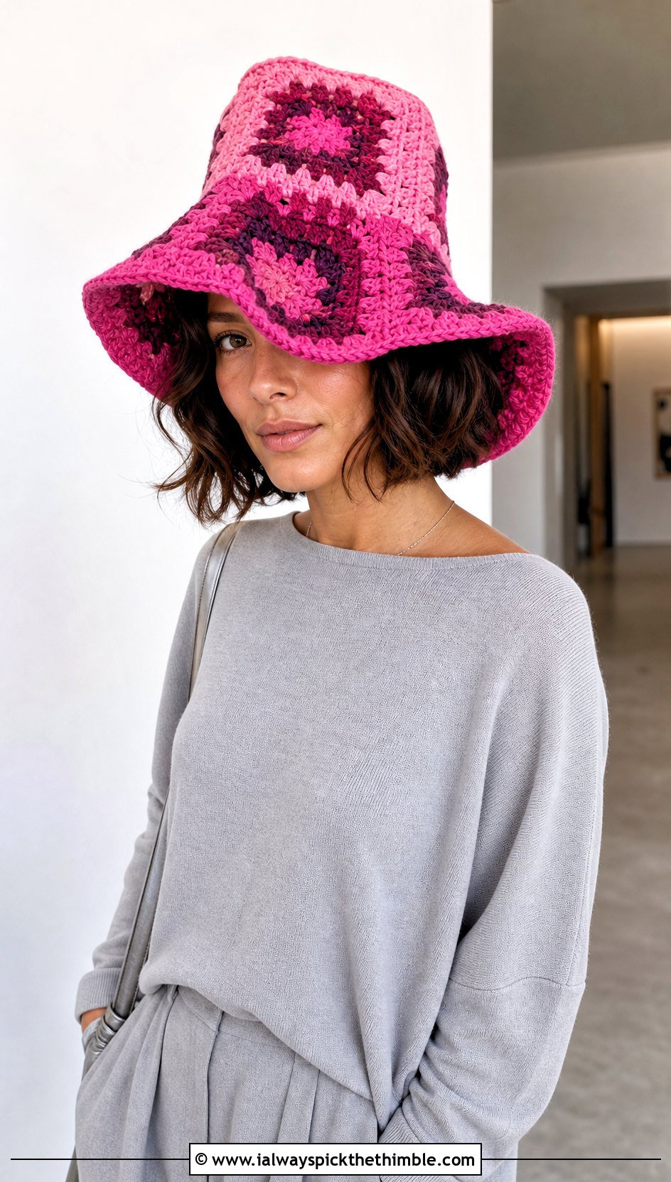 Oversized Granny Square Bucket Hat With Monochrome Separates - 15 Crochet Granny Square Bucket Hat outfit ideas