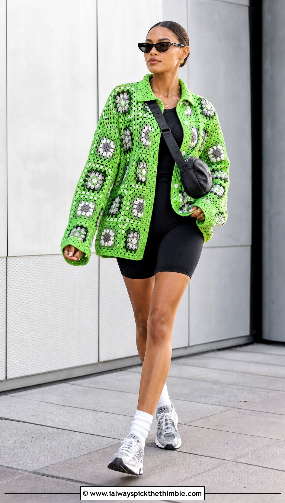 Oversized Granny Square Button Down Shirt With Bike Shorts - 25 granny square shirt outfit ideas