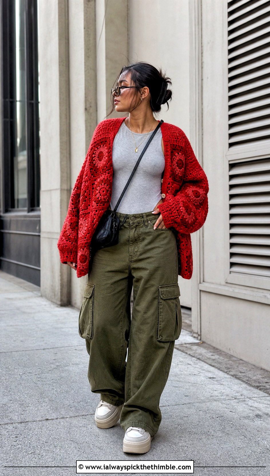 Oversized Granny Square Cardigan With Cargo Pants - 20 crochet square cardigan outfit ideas