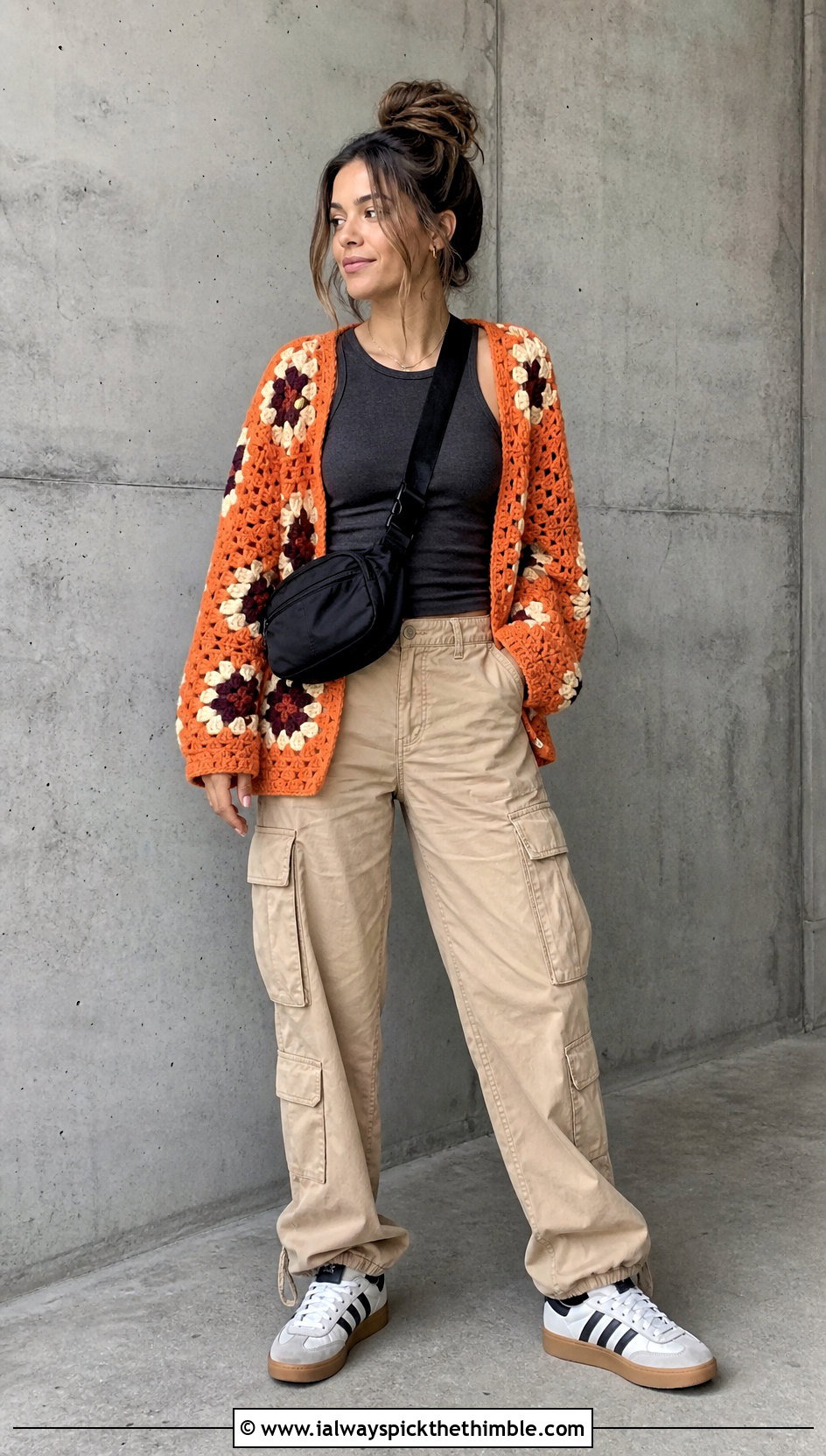Oversized Granny Square Cardigan With Cargo Pants - 15 Womens Granny Square Cardigan outfit ideas