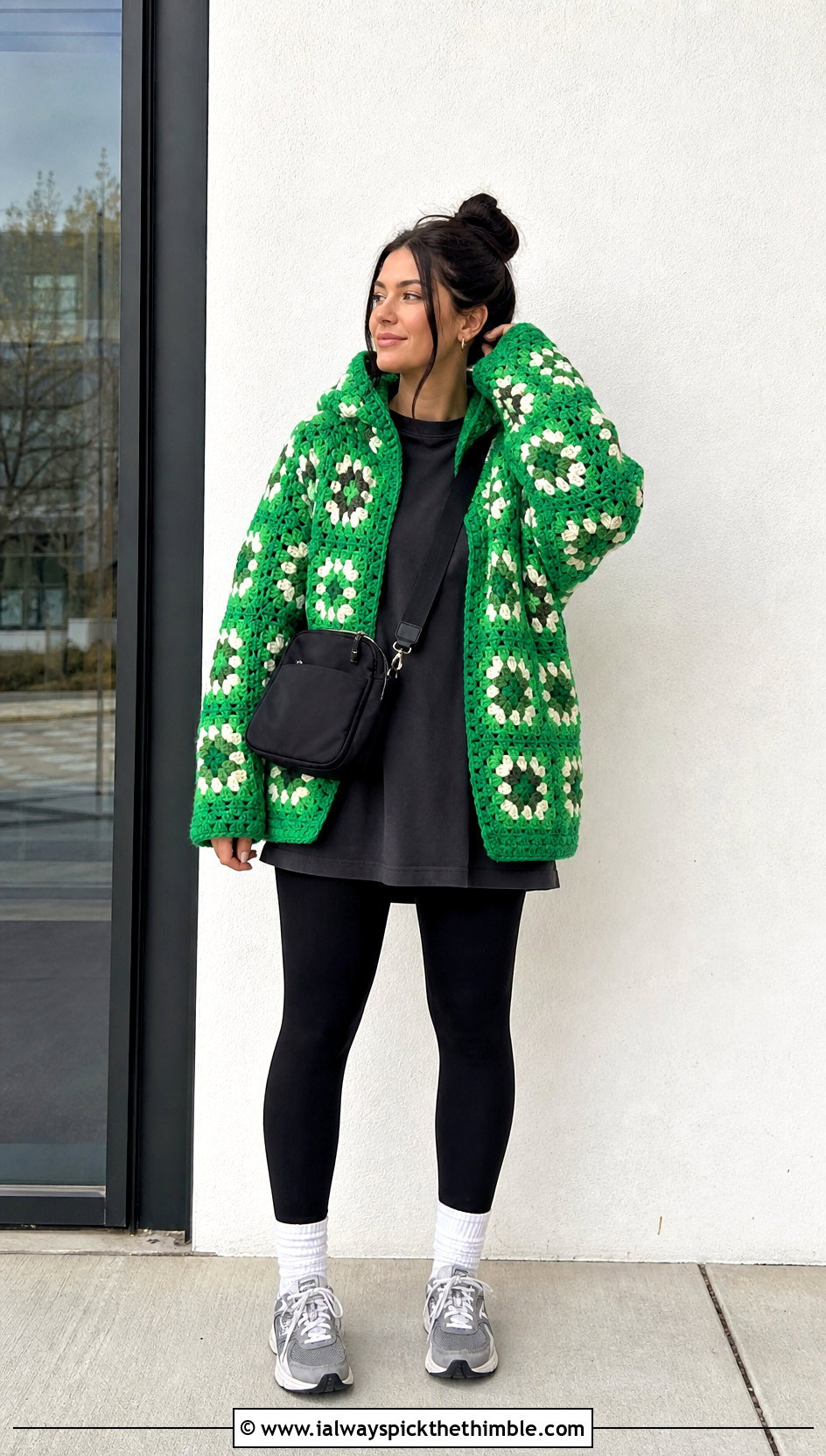 Oversized Granny Square Cardigan With Hood And Black Leggings - 20 granny square cardigan with hood outfit ideas