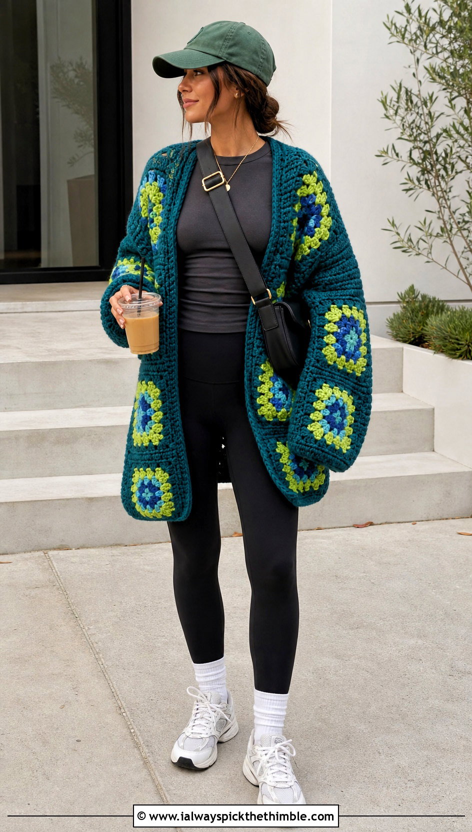 Oversized Granny Square Cardigan With Leggings - 20 Crochet Fall Granny Square Cardigan outfit ideas