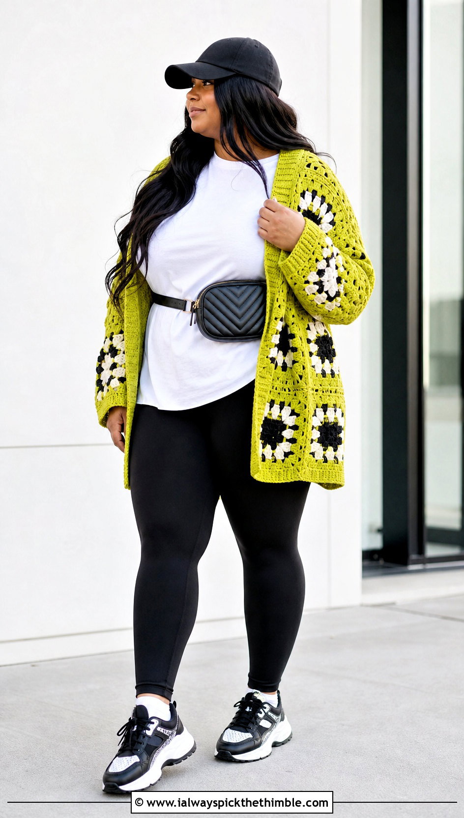 Oversized Granny Square Cardigan With Leggings And Sneakers - 20 plus size crochet granny square cardigan outfit ideas