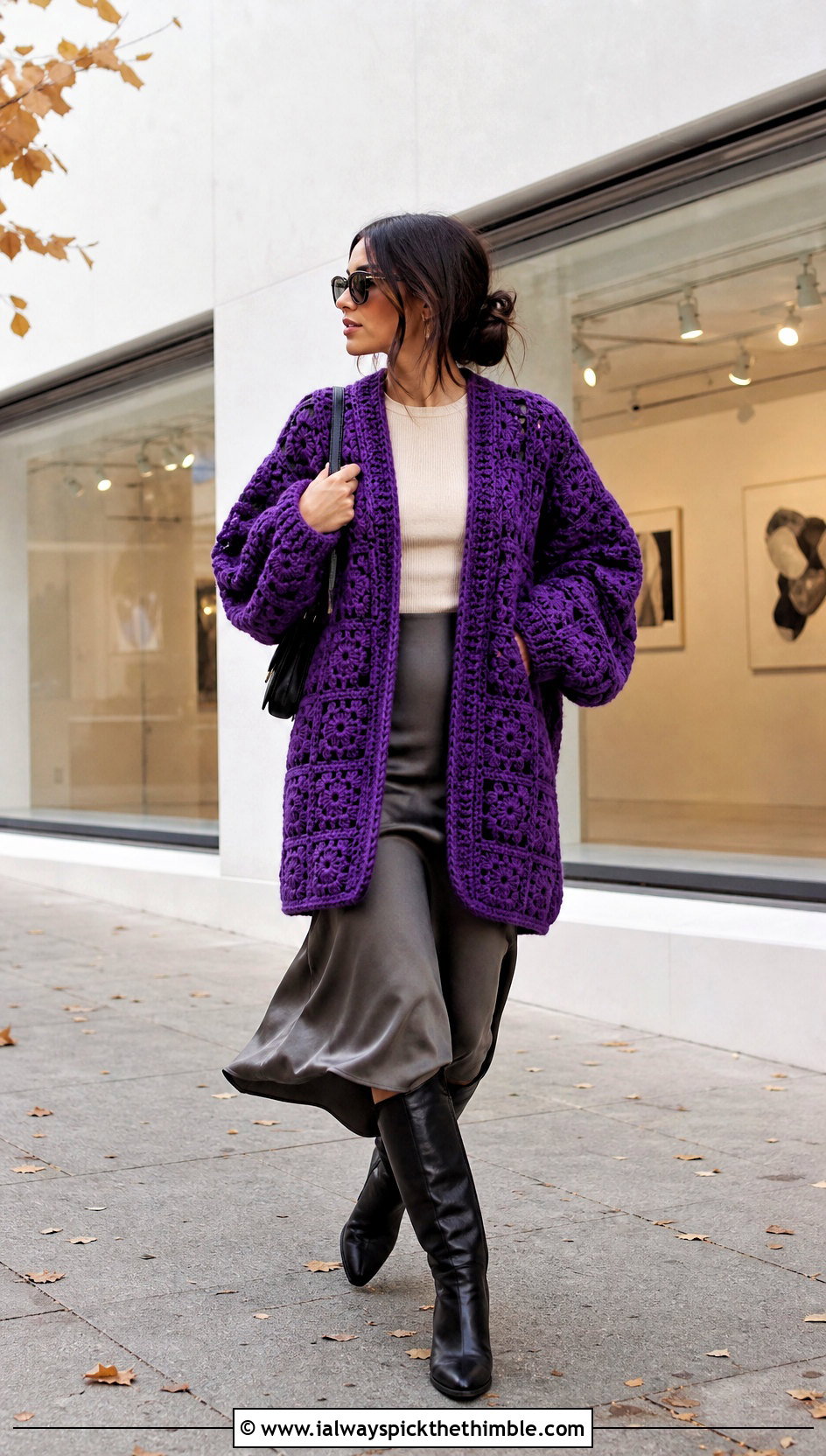 Oversized Granny Square Cardigan With Satin Midi Skirt - 20 Fall Granny Square Sweater outfit ideas